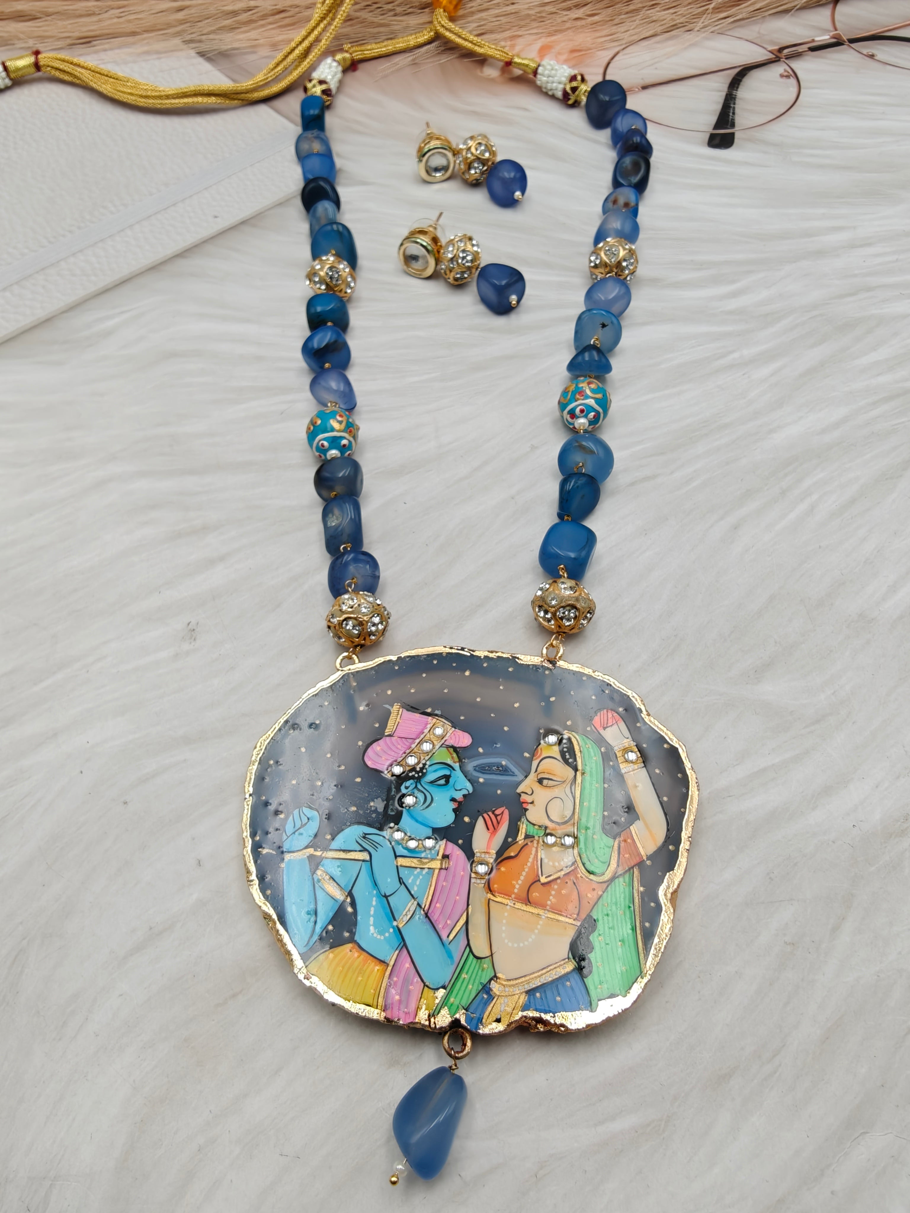 Radha Krishna Natural Stone Tanjore Long Necklace Set - Blue