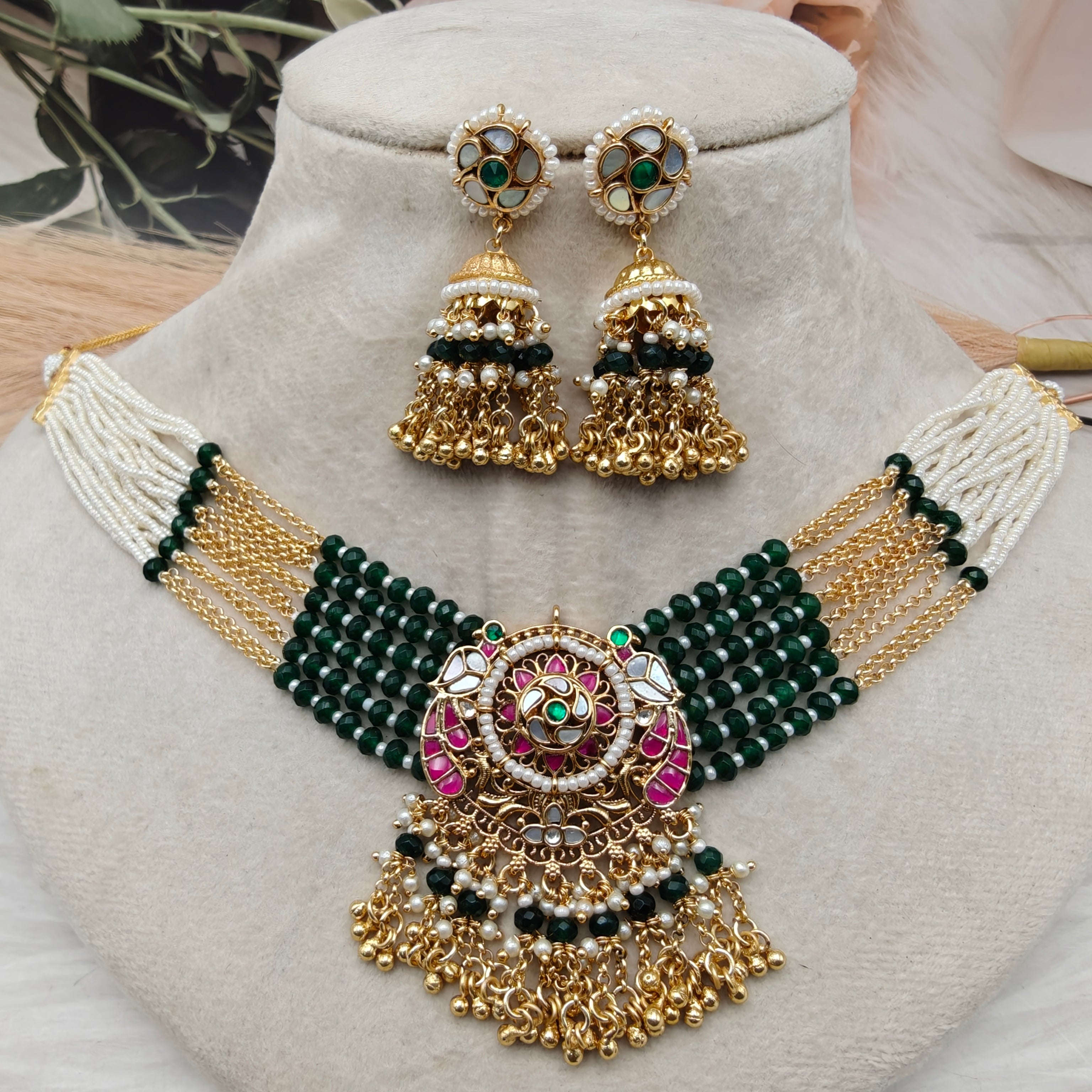 Vatsala Premium Pachi Kundan Choker Set - Green n Ruby