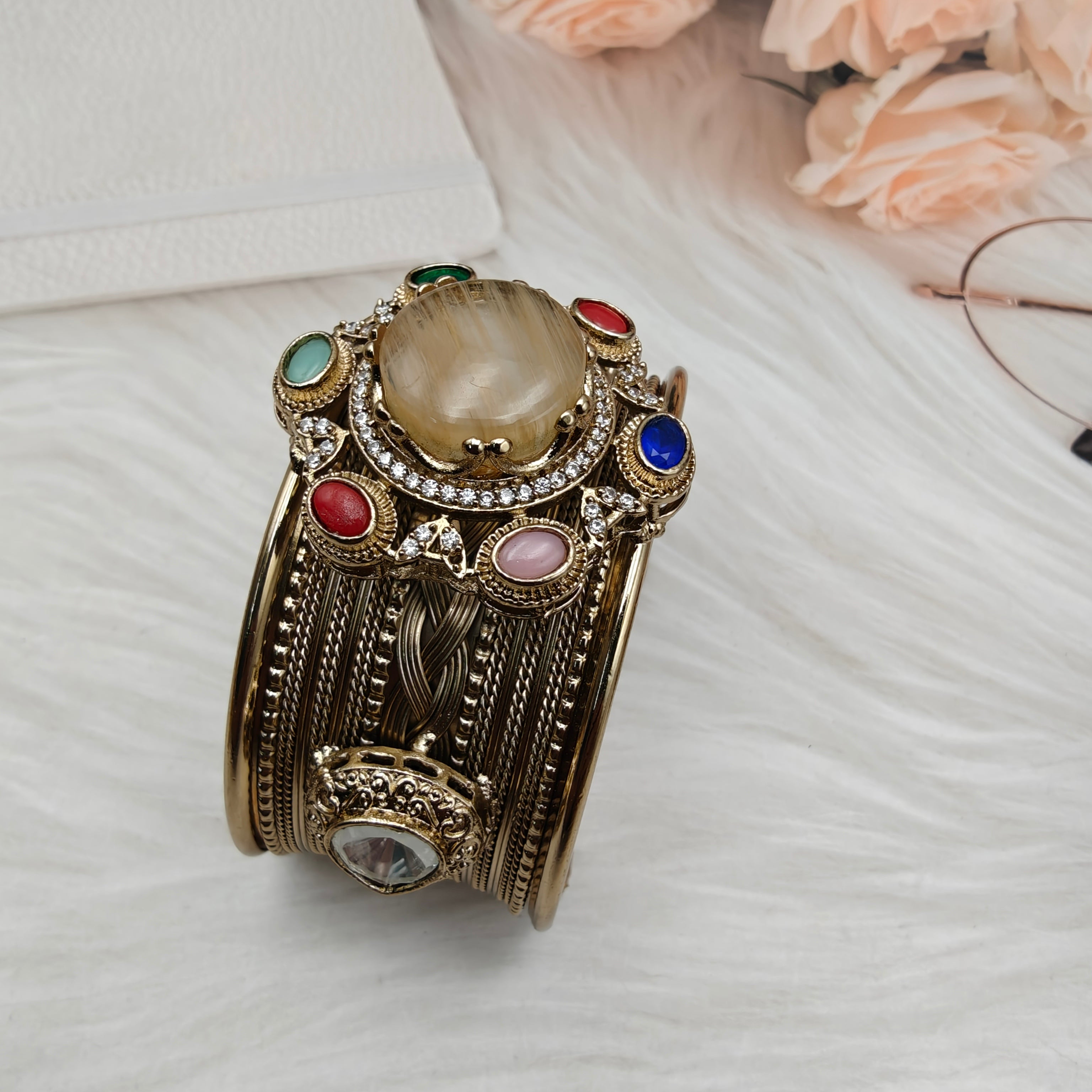 Sabya Inspired Navina Handcrafted Natural Stone Handcuff - Yellow Gold Quartz