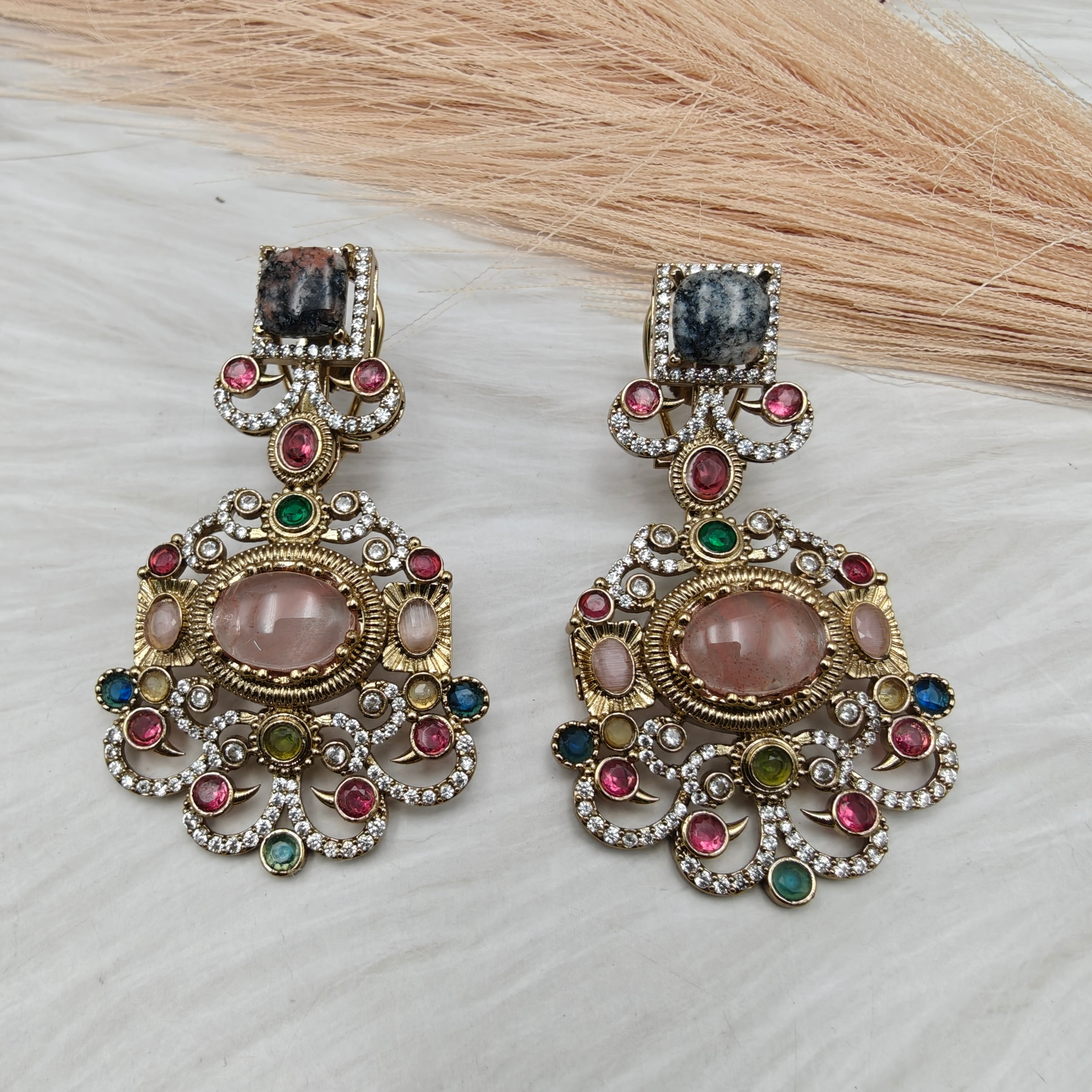 Sabyasachi Inspired Toshiba Natural Stones Earrings - Pink Black