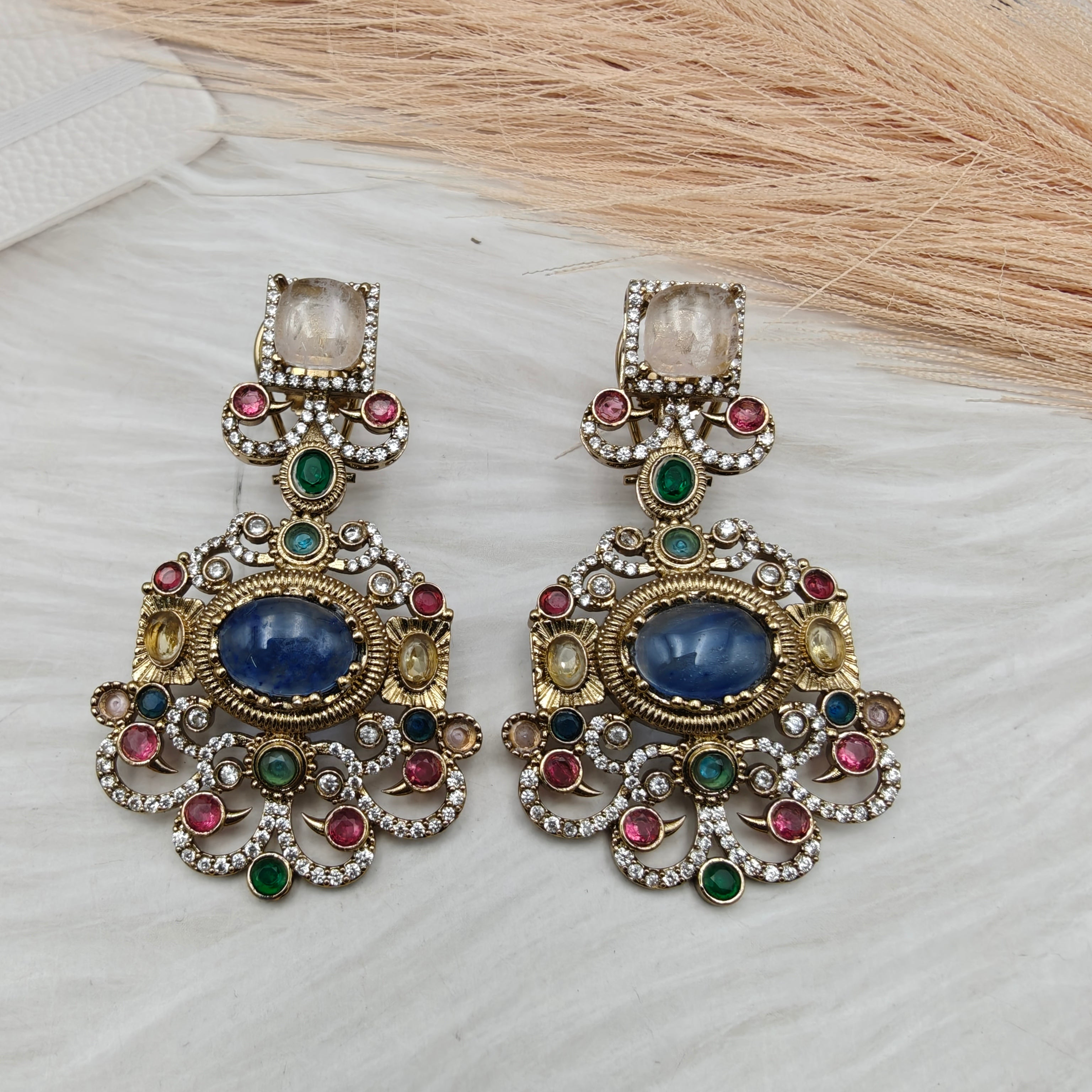 Sabyasachi Inspired Toshiba Natural Stones Earrings - Blue Pink
