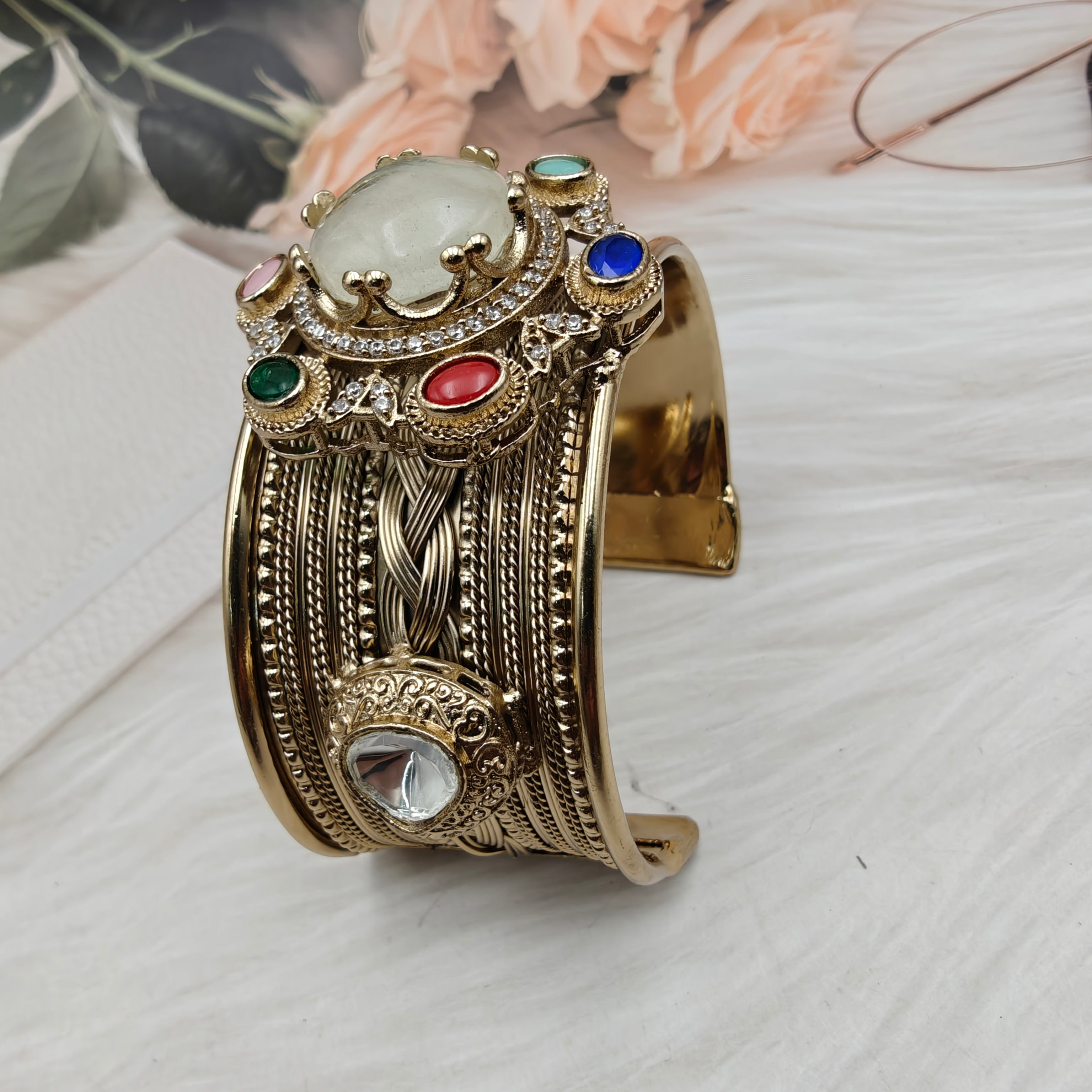 Sabya Inspired Navina Handcrafted Natural Stone Handcuff - White Multi