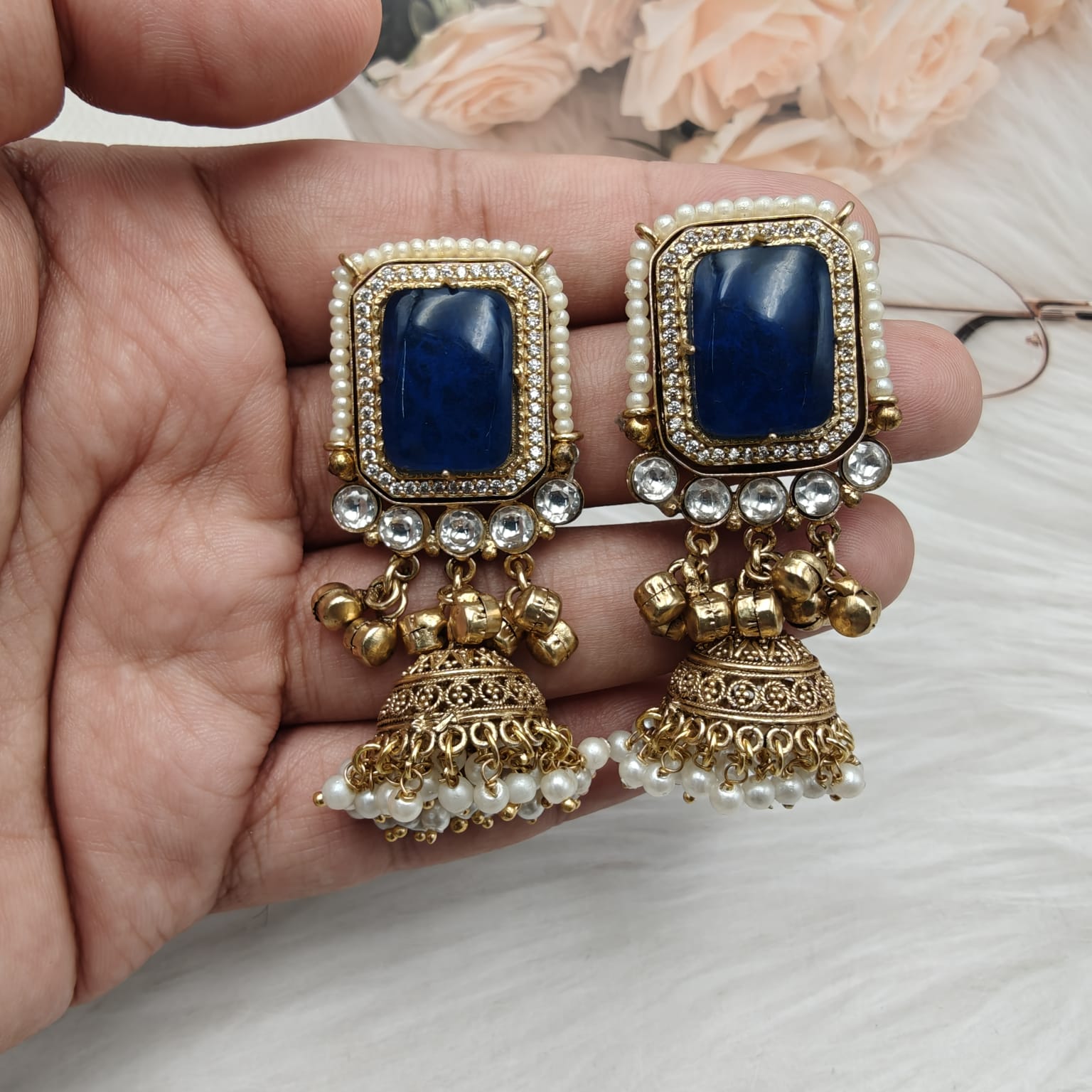 Afsana Doublet Amrapali Brass Fusion Jhumki- Blue
