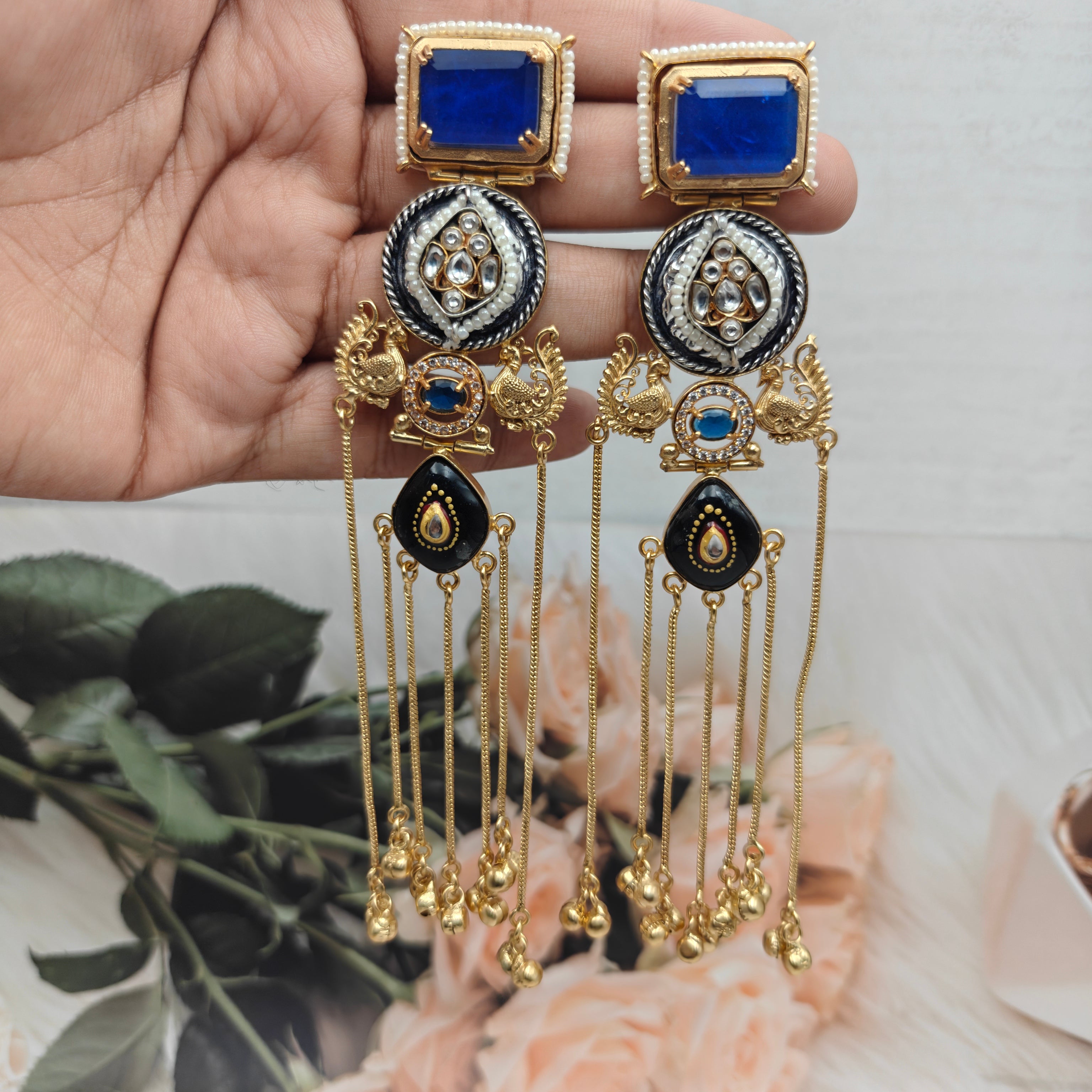 Panchali Doublet Kashmiri Brass Fusion Earrings - Blue
