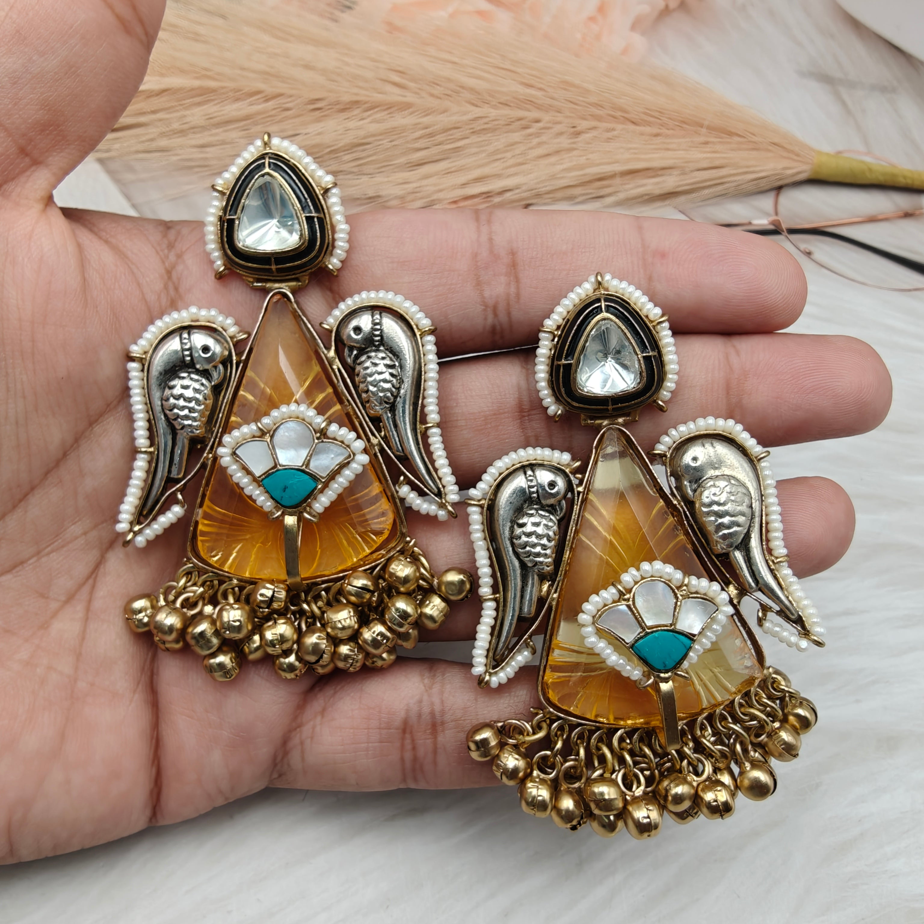 Jhanjhoor Ghungroo Brass Fusion Earrings - Yellow
