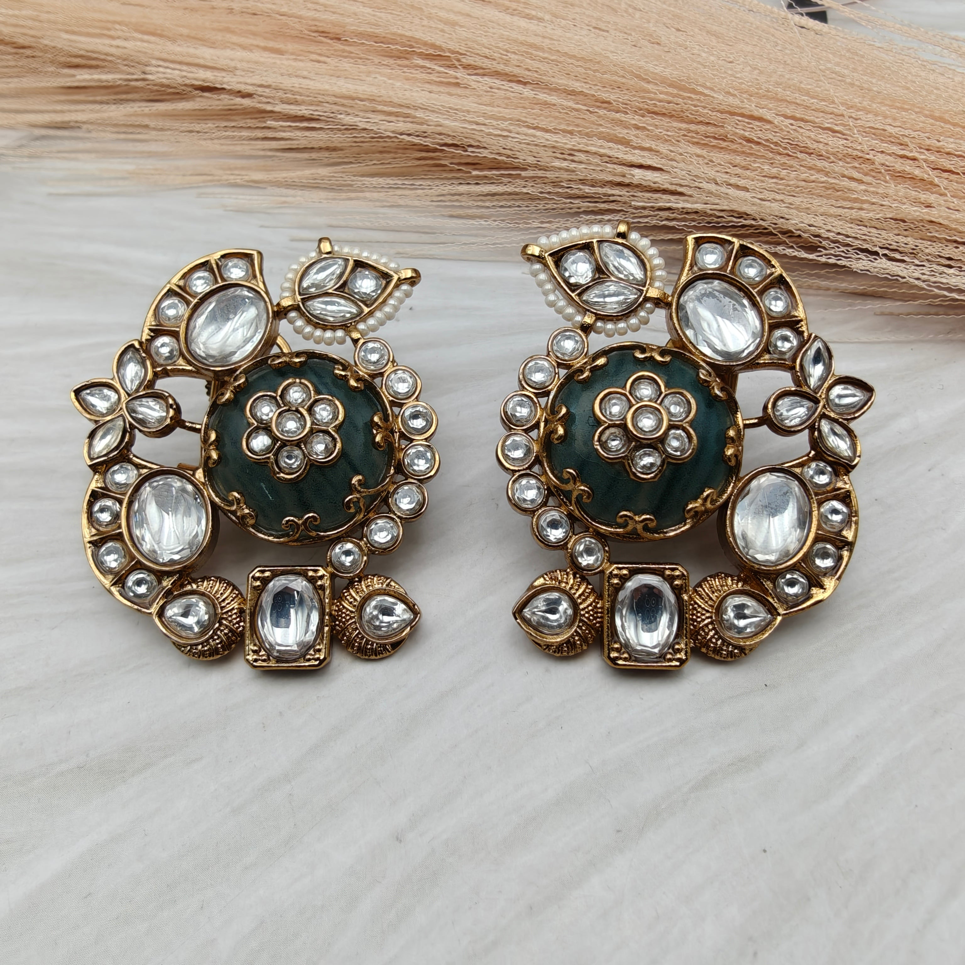 Heena Statement Jadau Kundan Studs- Deep Green n Neutral
