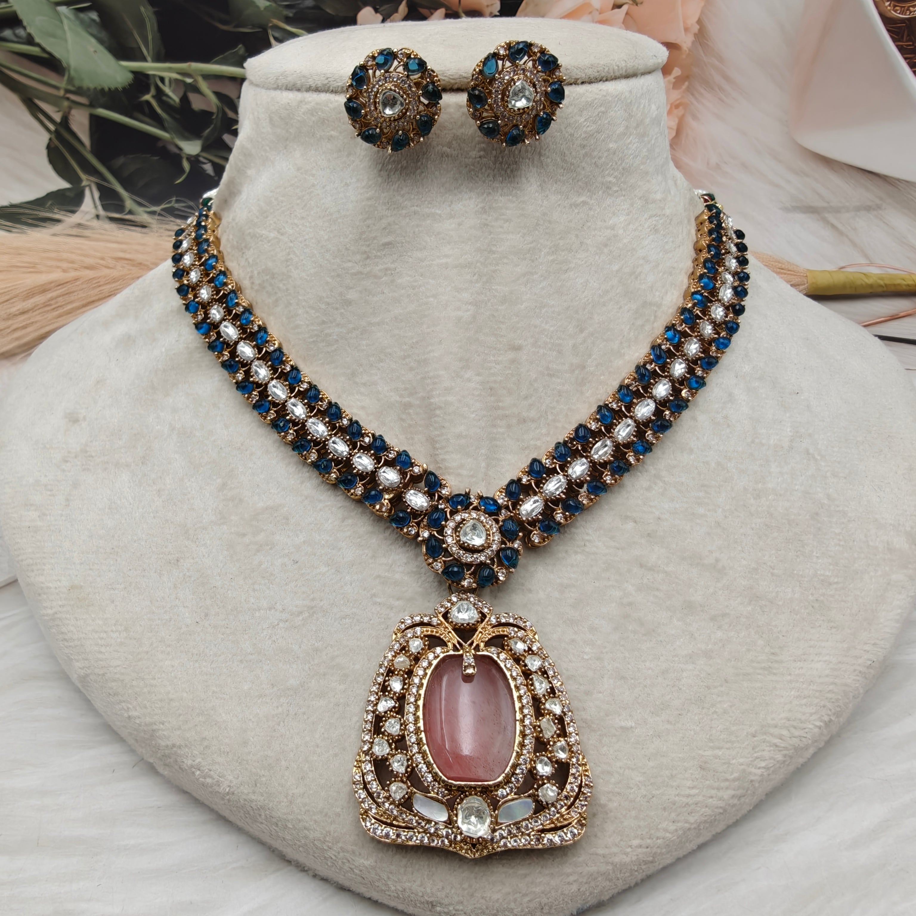 Gulnaz Royale Necklace Set - Blue n Pink