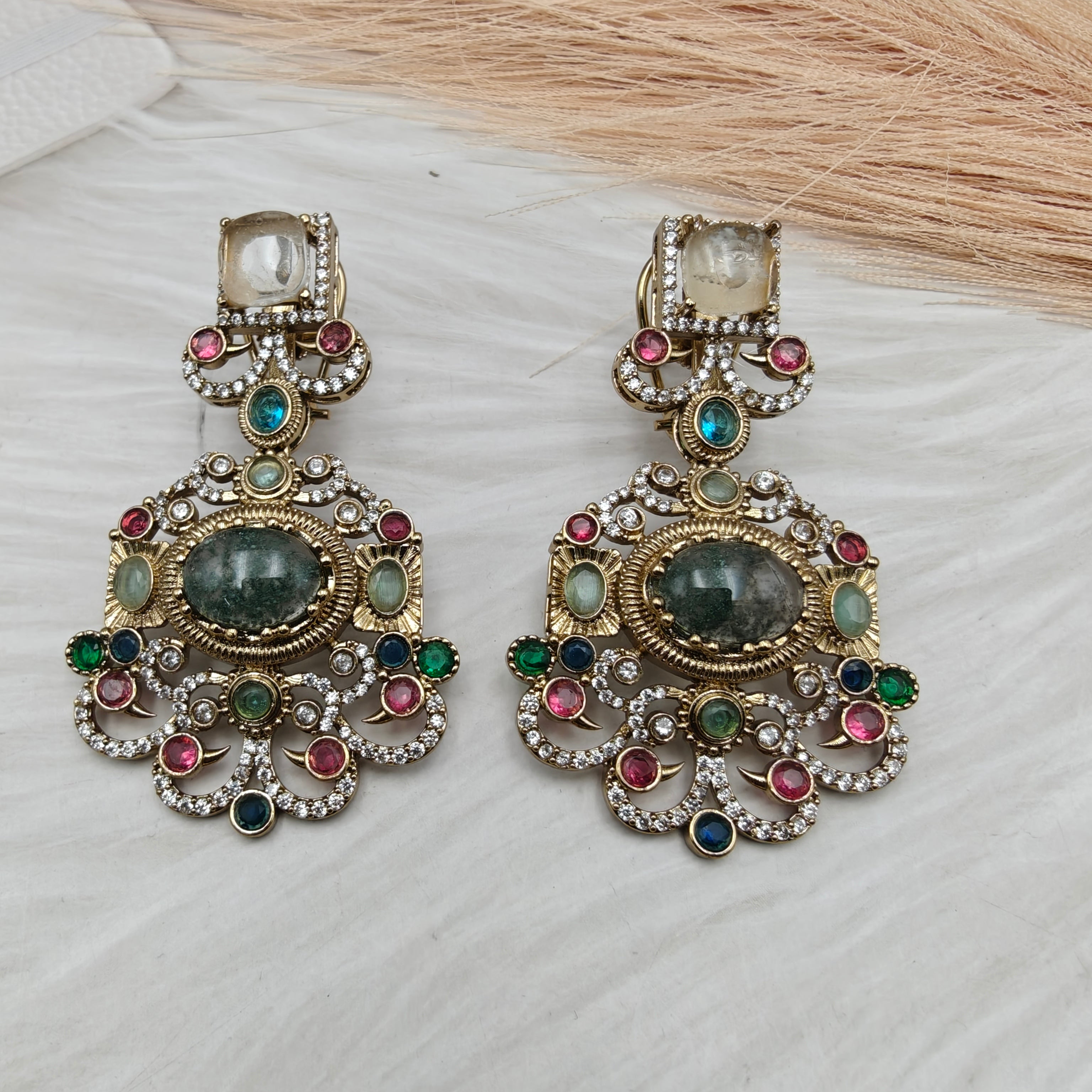 Sabyasachi Inspired Toshiba Natural Stones Earrings - Olive Green
