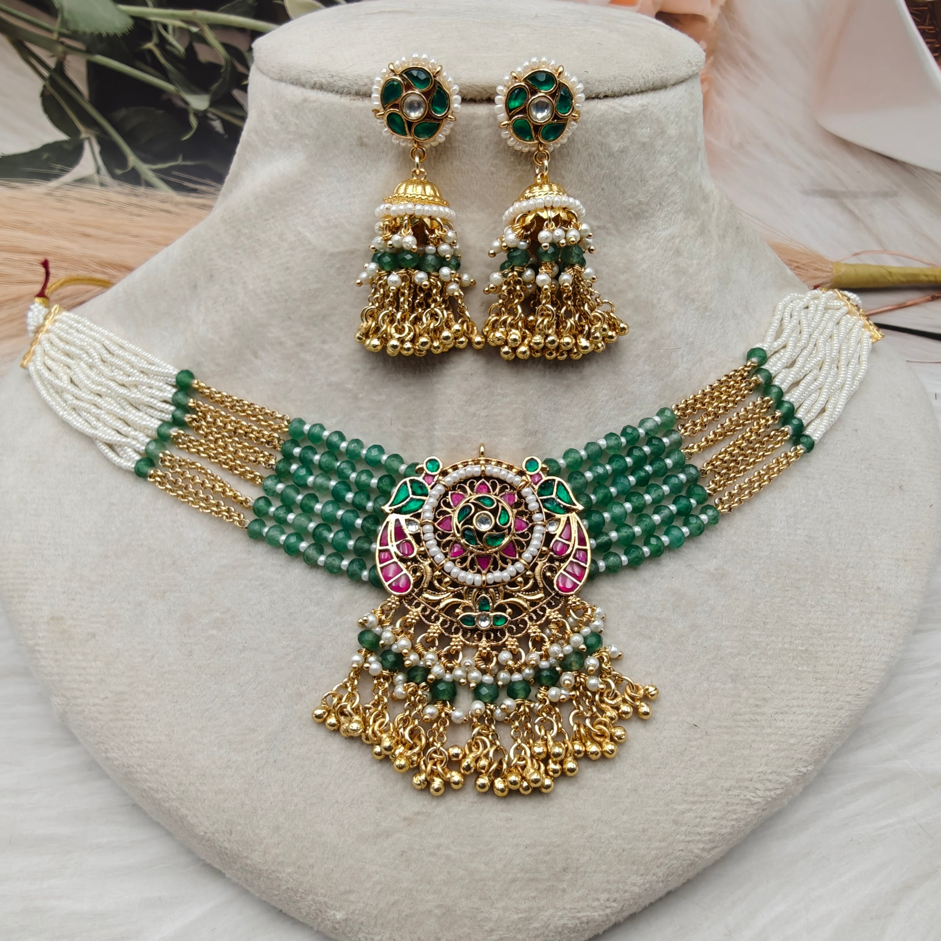 Vatsala Premium Pachi Kundan Choker Set - Mint Green n Ruby