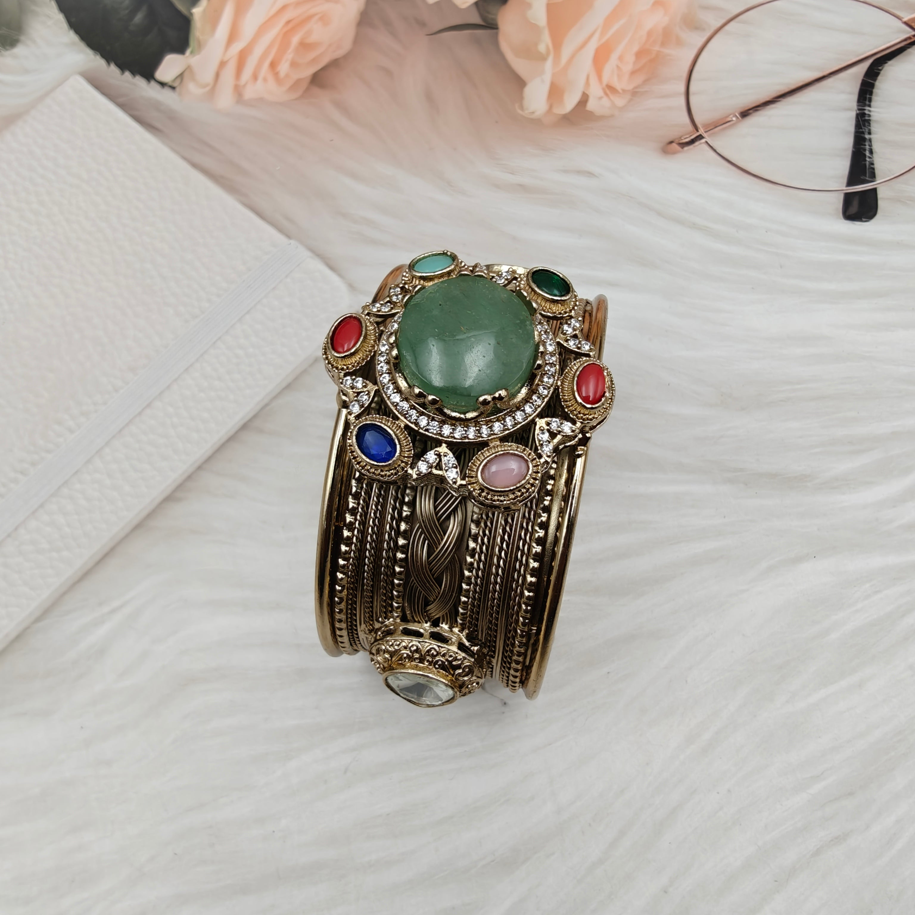 Sabya Inspired Navina Handcrafted Natural Stone Handcuff - Green Multi