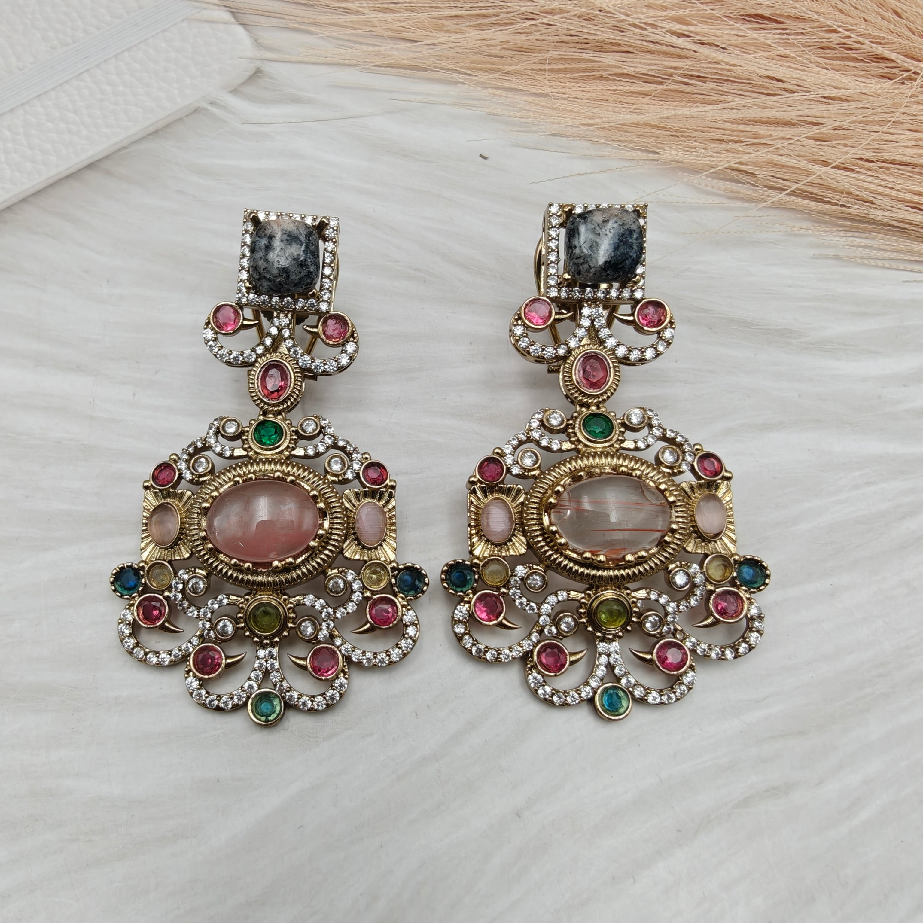 Sabyasachi Inspired Toshiba Natural Stones Earrings - Pink Black