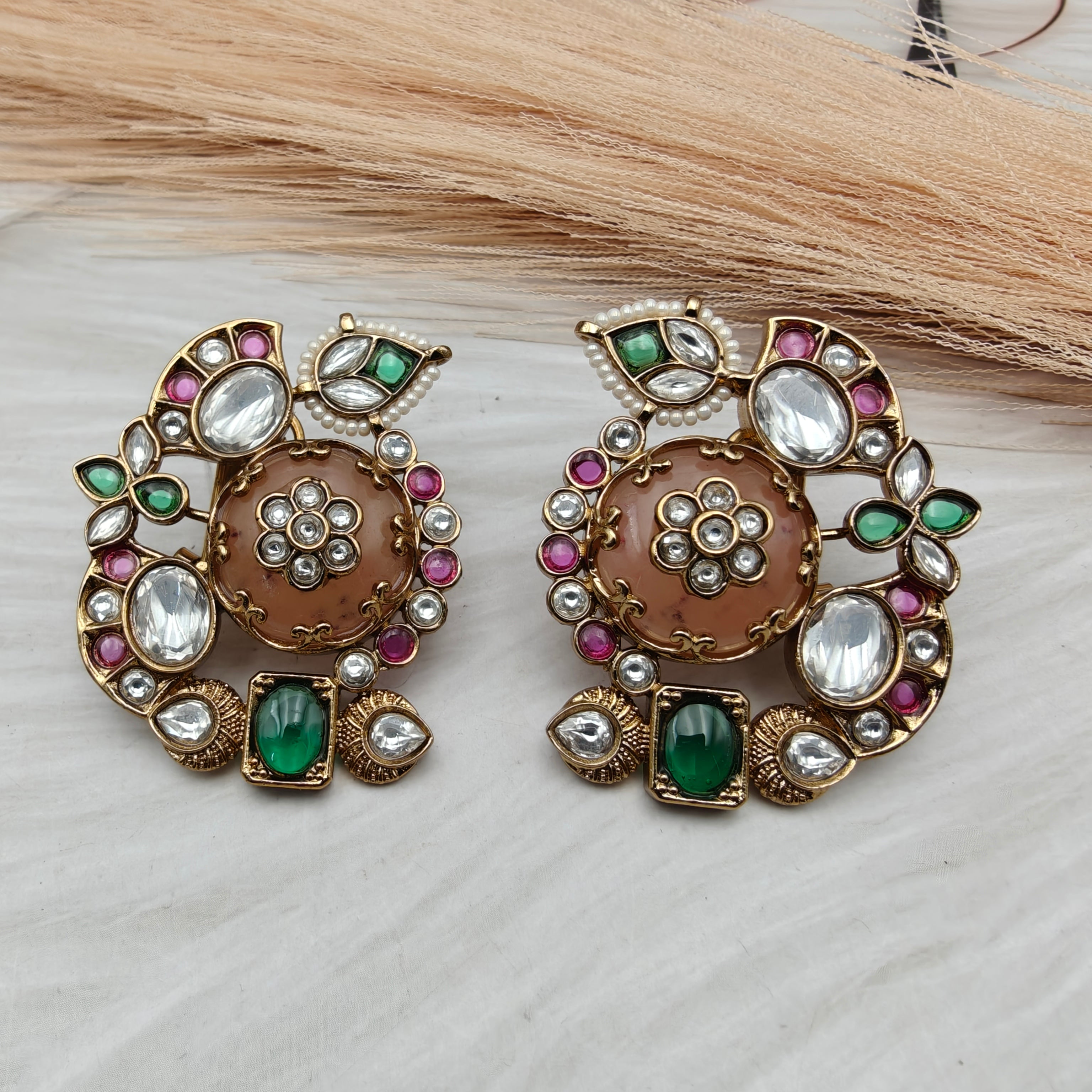 Heena Statement Jadau Kundan Studs- Peach Multi