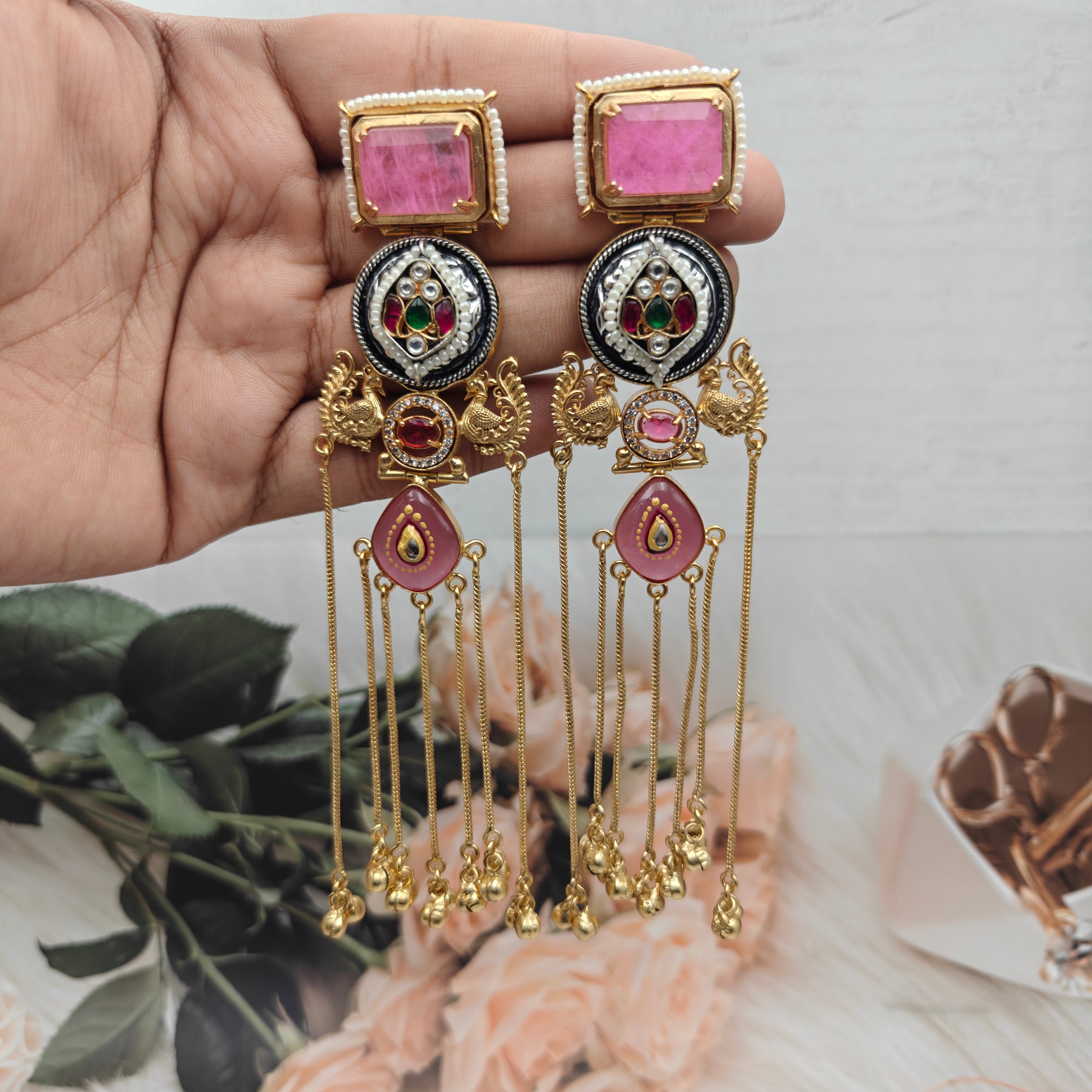 Panchali Doublet Kashmiri Brass Fusion Earrings - Pink