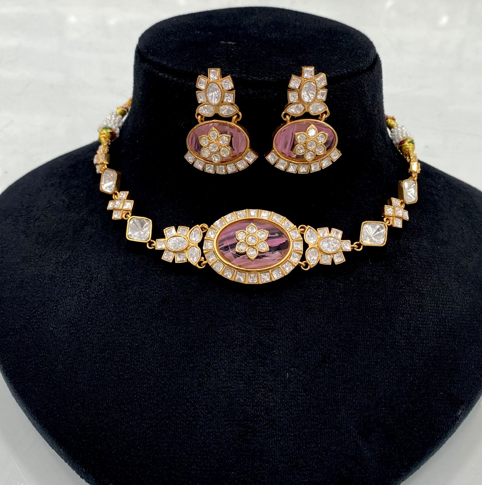 Kalika Uncut Moissanite Onyx Choker Set- Pink