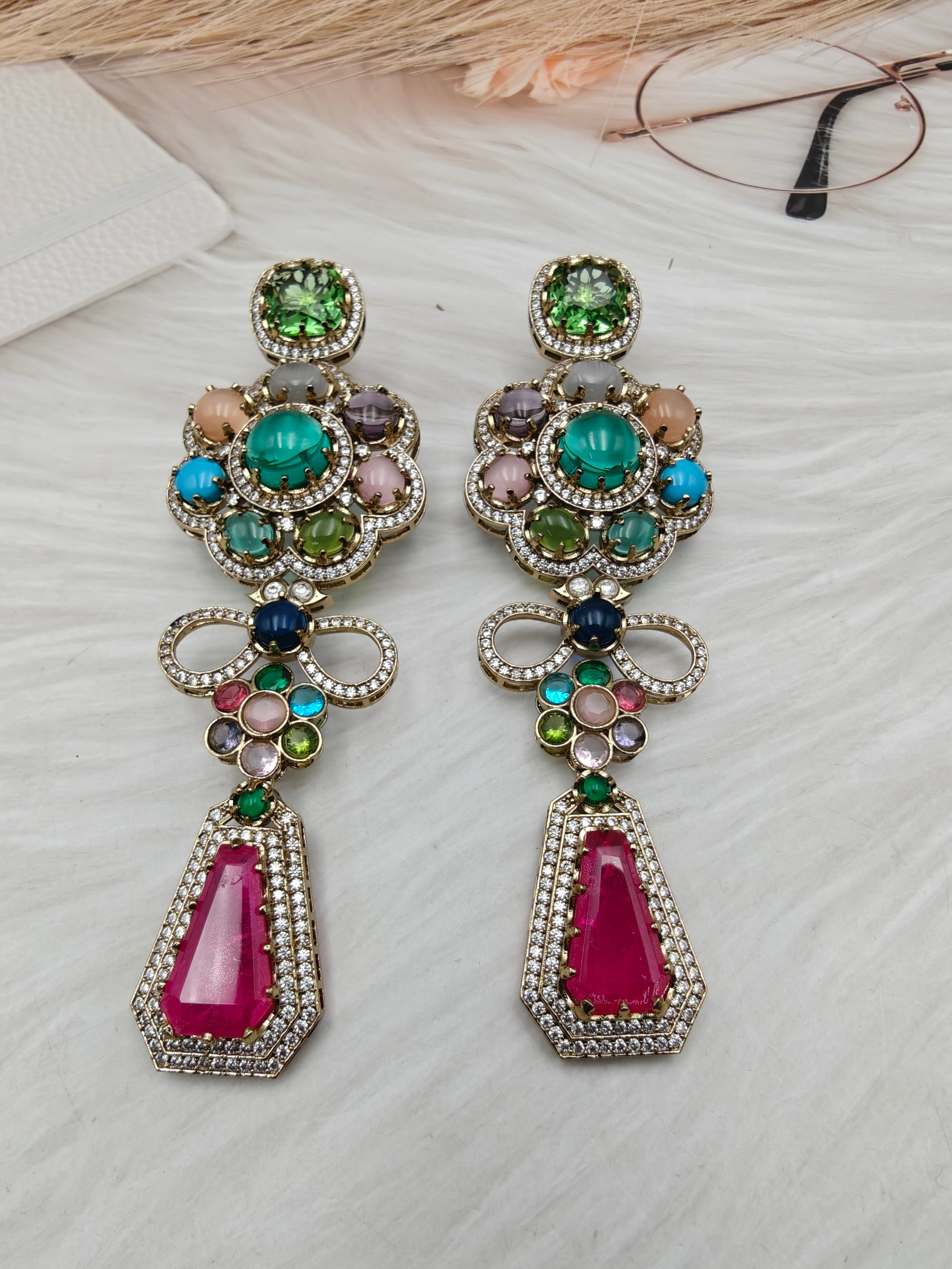Sabyasachi Inspired Statement Hatima Earrings - Hot Pink Multi