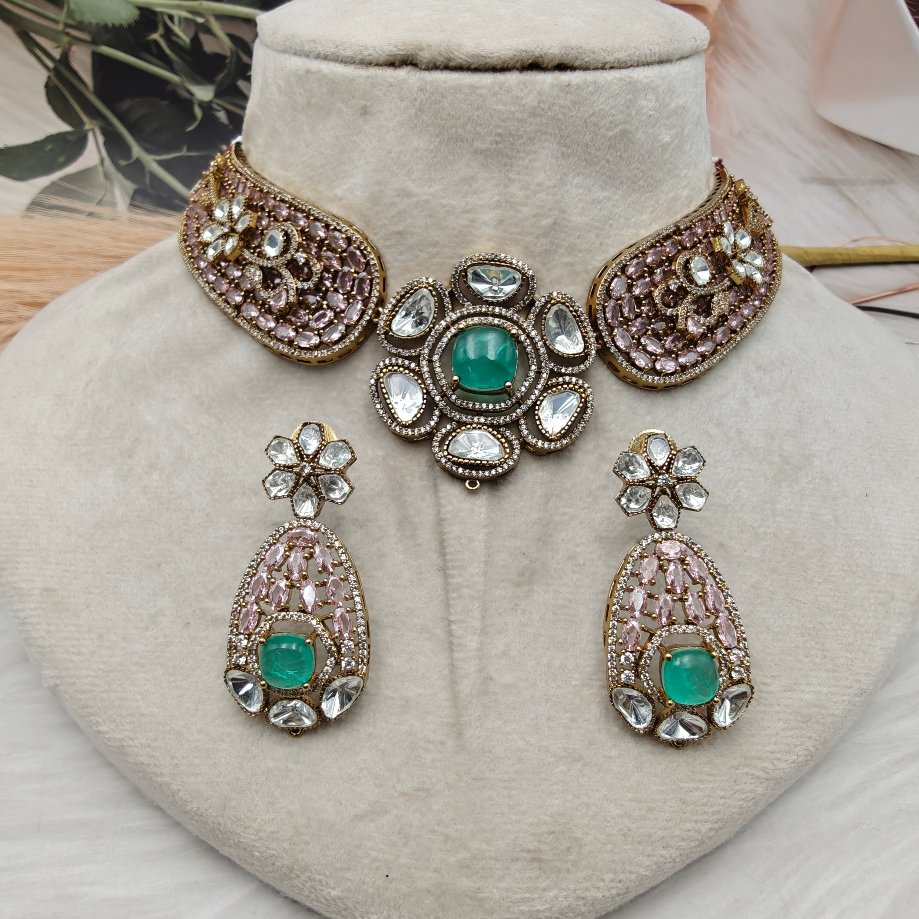 Kajri Moissanite Doublet Designer Hasli Set - Pink n Mint