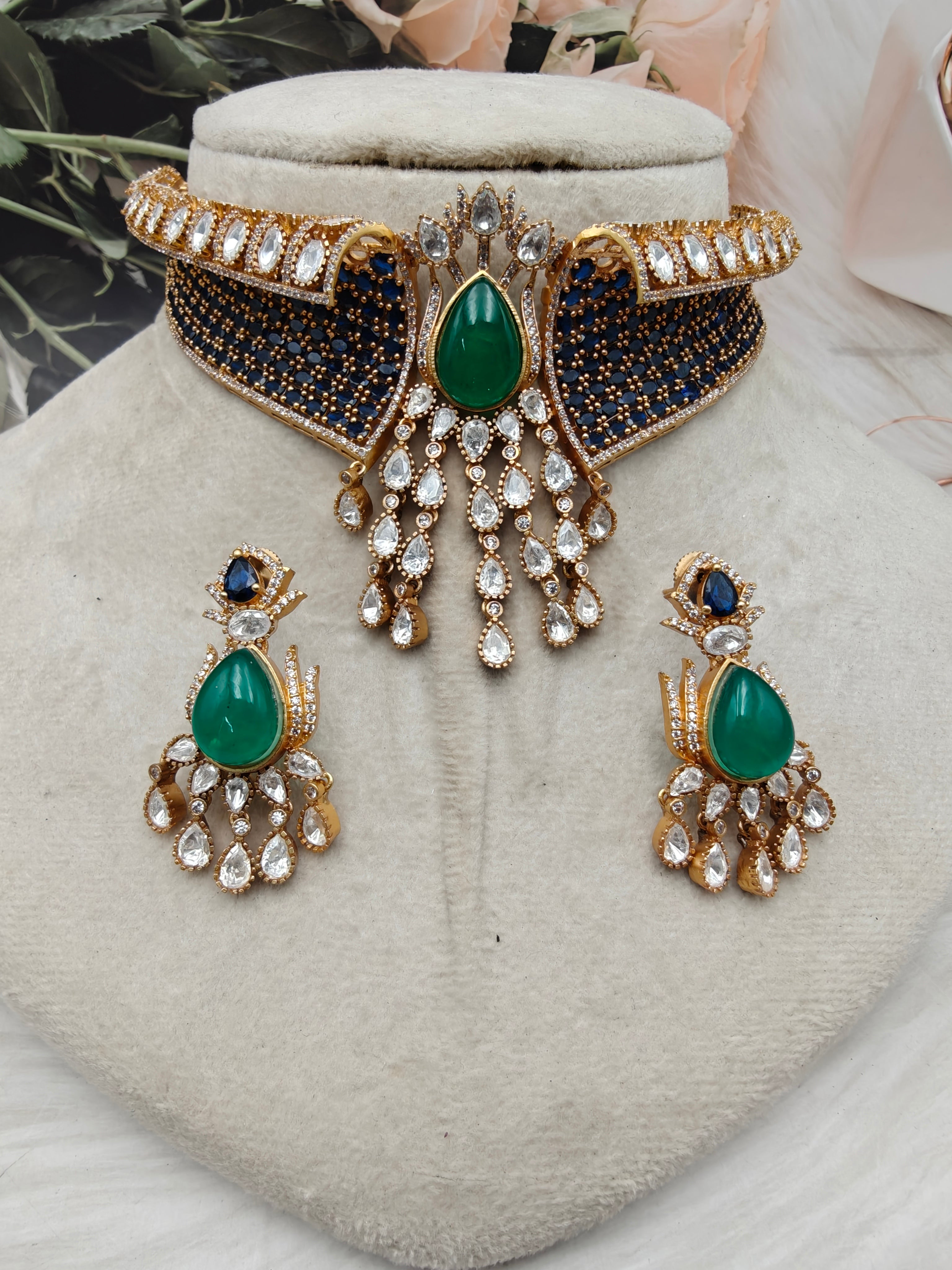 Achla Moissanite Hasli Style Necklace - Blue and Emerald