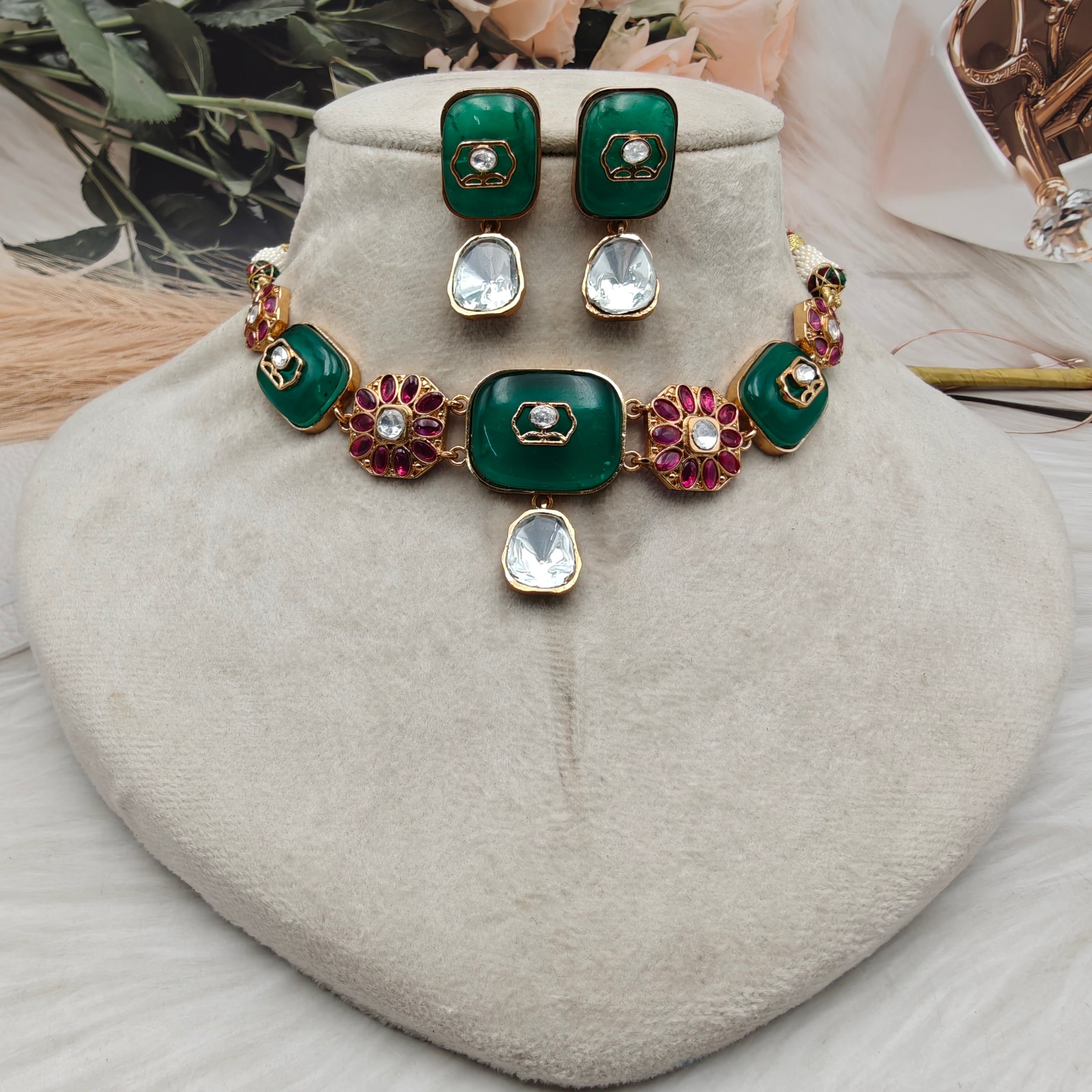 Satya Uncut Polki with Natural Stone Choker Necklace Set - Green Ruby
