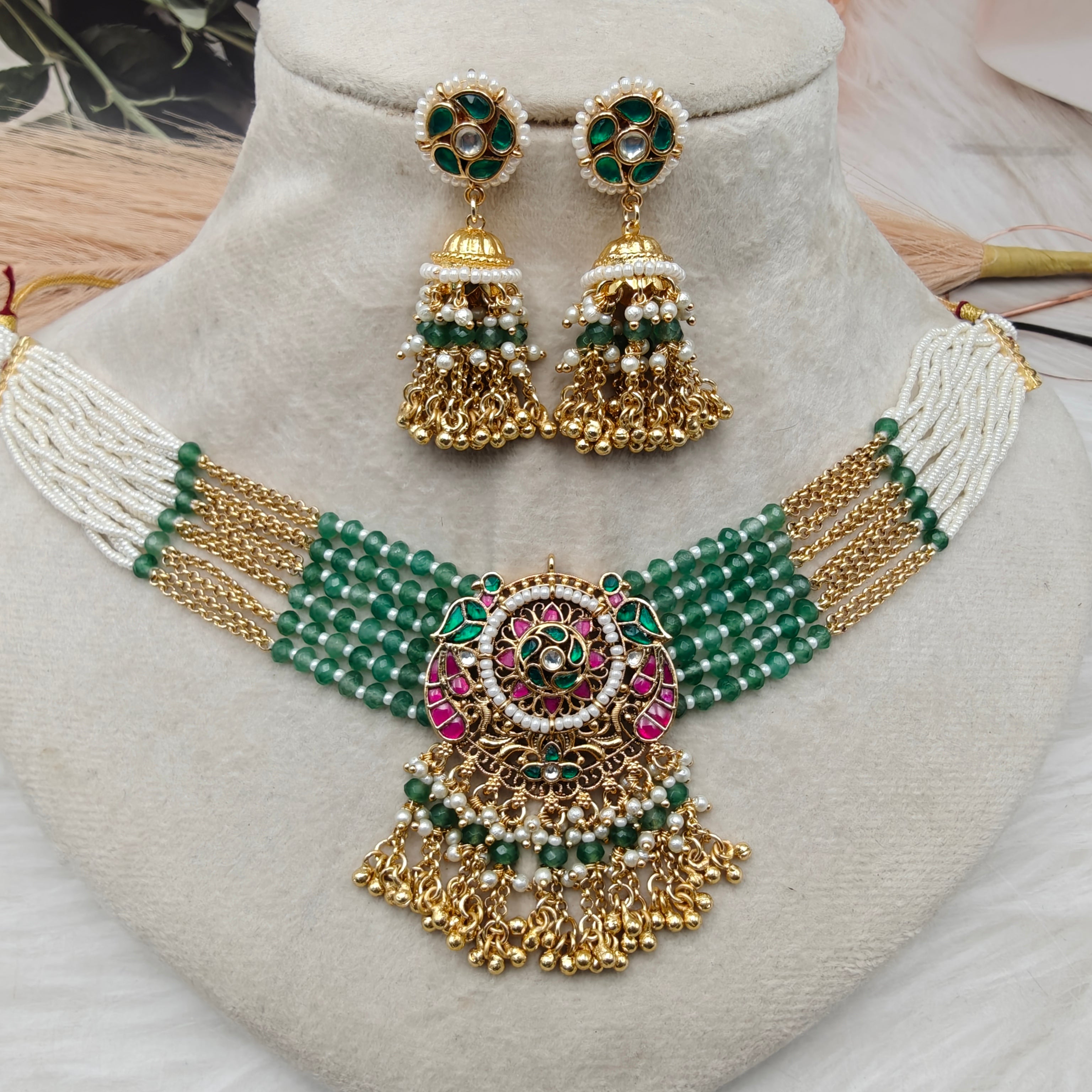 Vatsala Premium Pachi Kundan Choker Set - Mint Green n Ruby