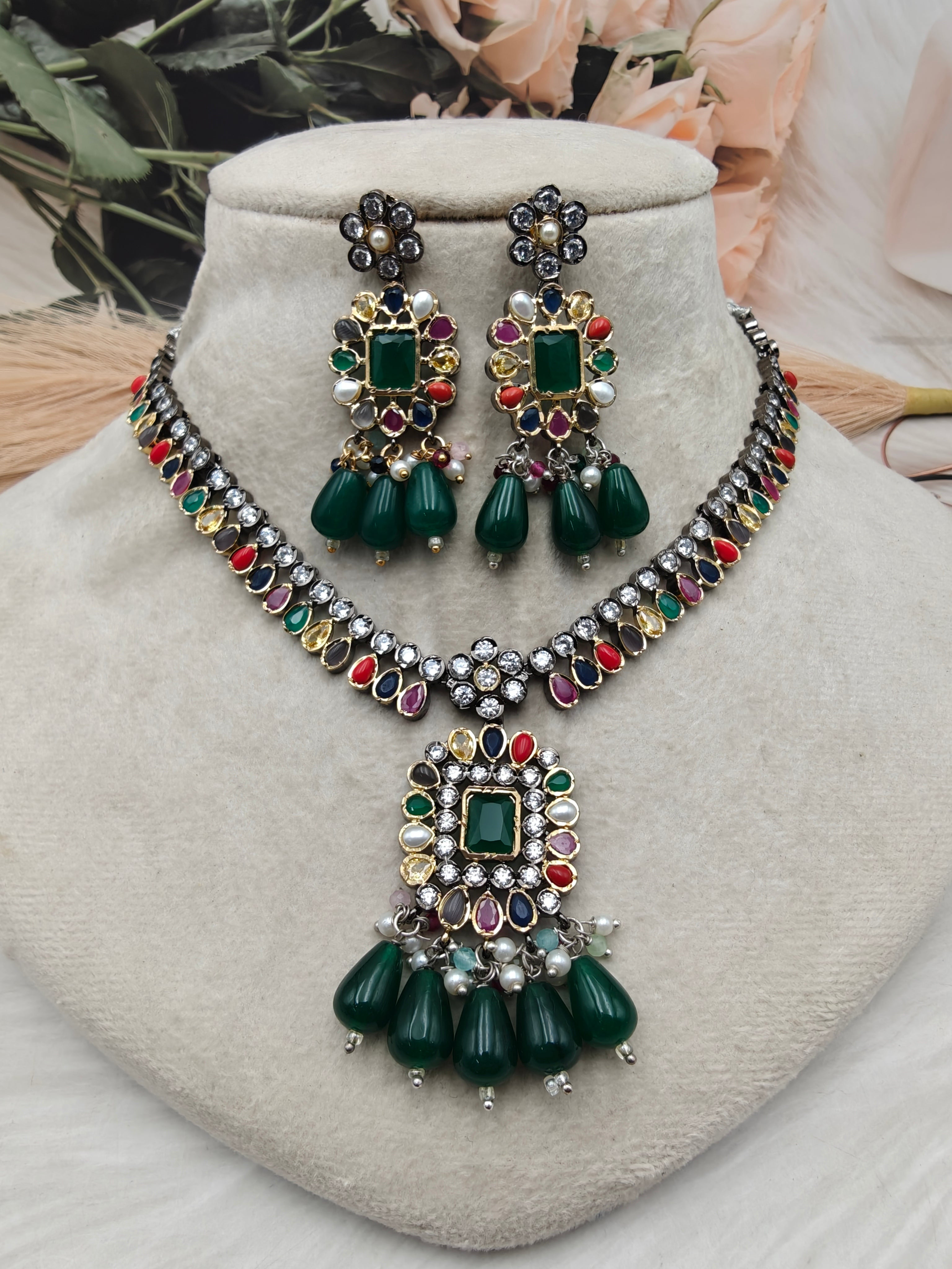 Raksha Multi Necklace Set with Emerald dropping