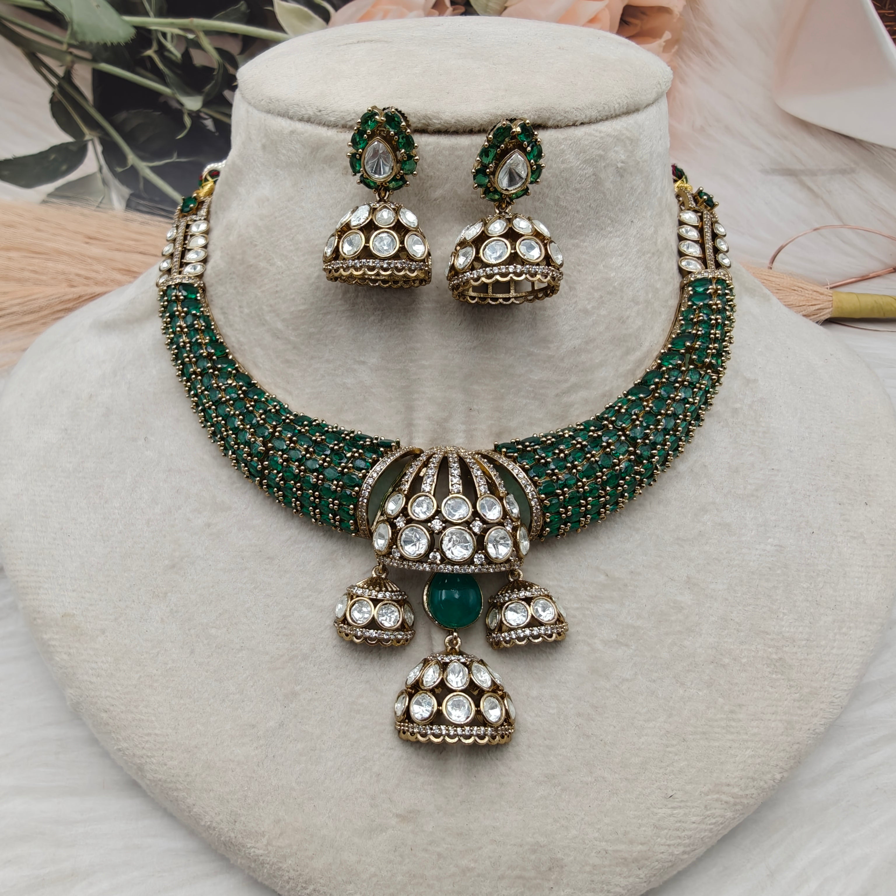 Sayesha Moissanite Statement Hasli Set - Green