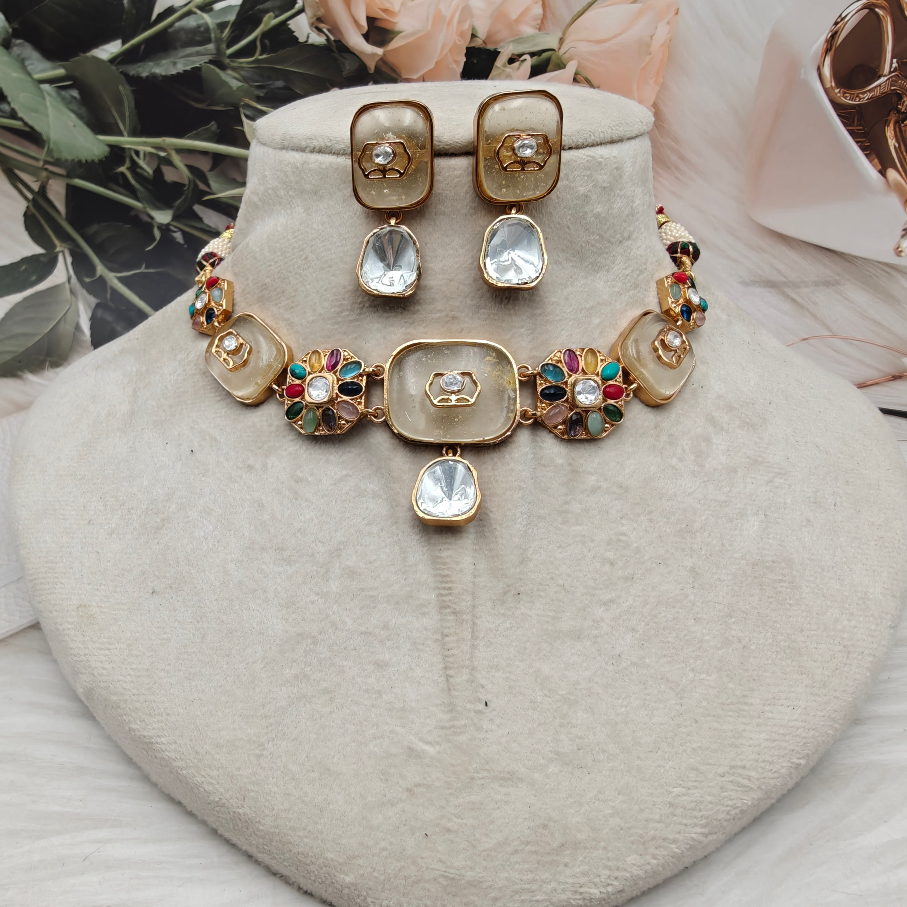 Satya Uncut Polki with Natural Stone Choker Necklace Set - Trans Yellow