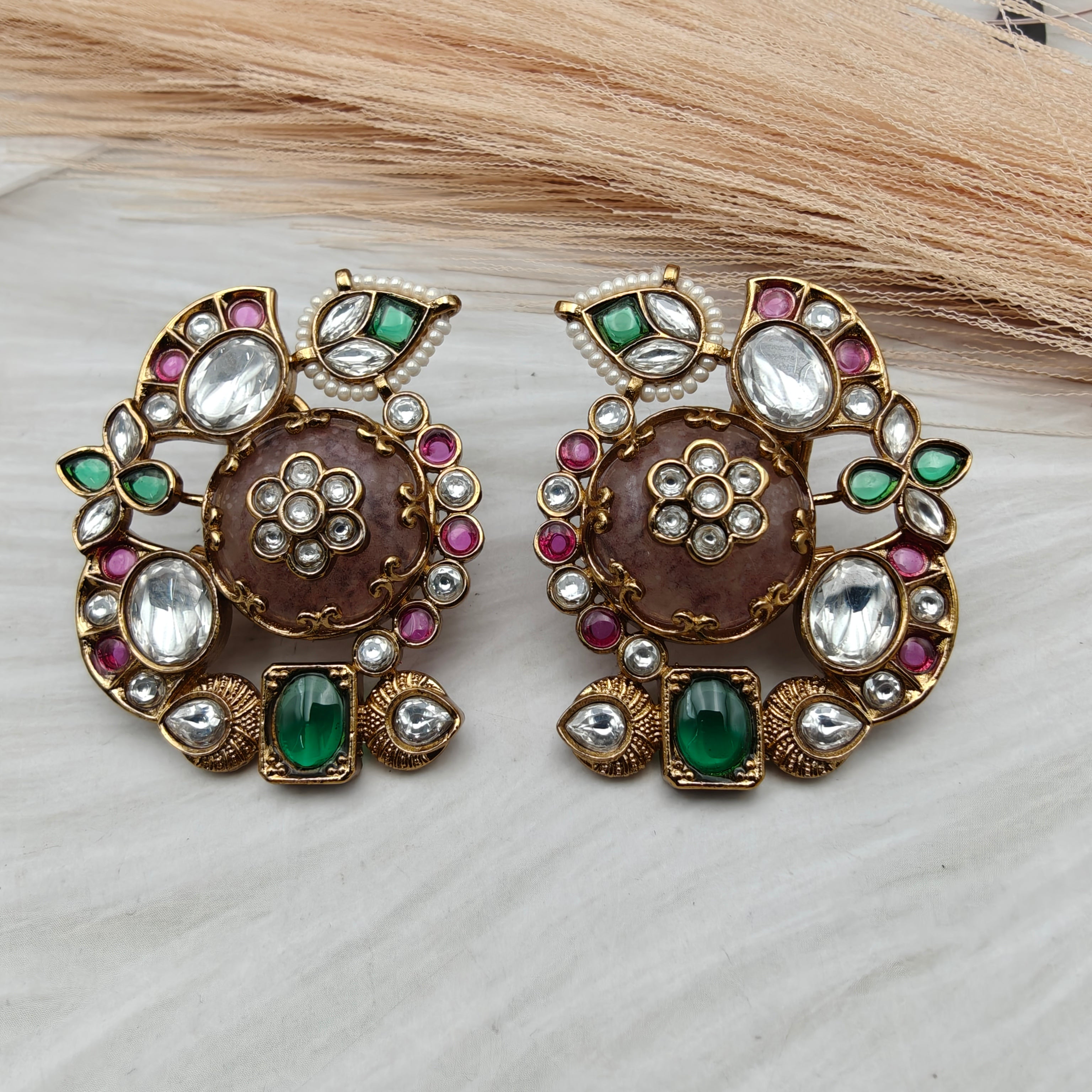 Heena Statement Jadau Kundan Studs- Deep Peach Multi