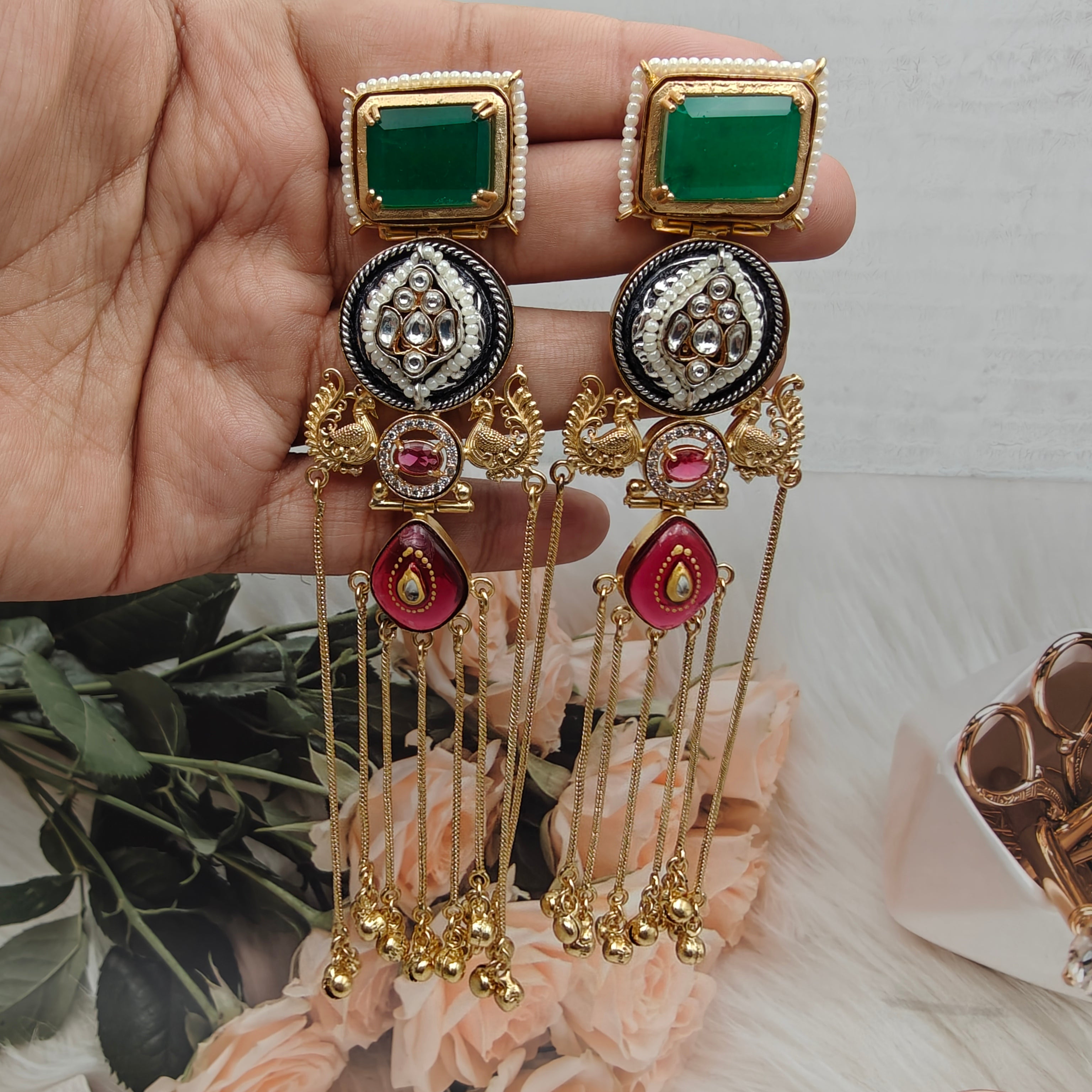 Panchali Doublet Kashmiri Brass Fusion Earrings - Green n Ruby