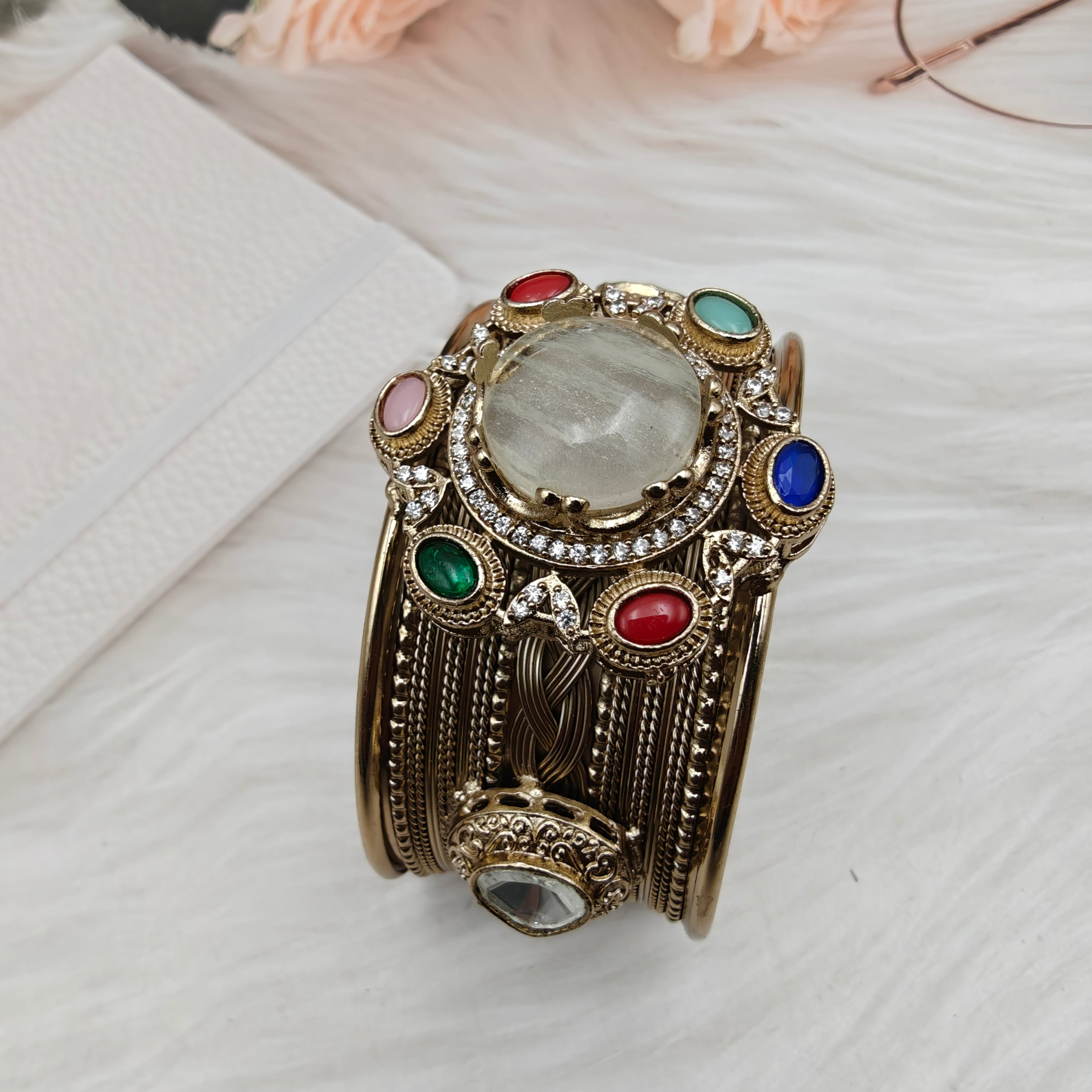 Sabya Inspired Navina Handcrafted Natural Stone Handcuff - White Multi