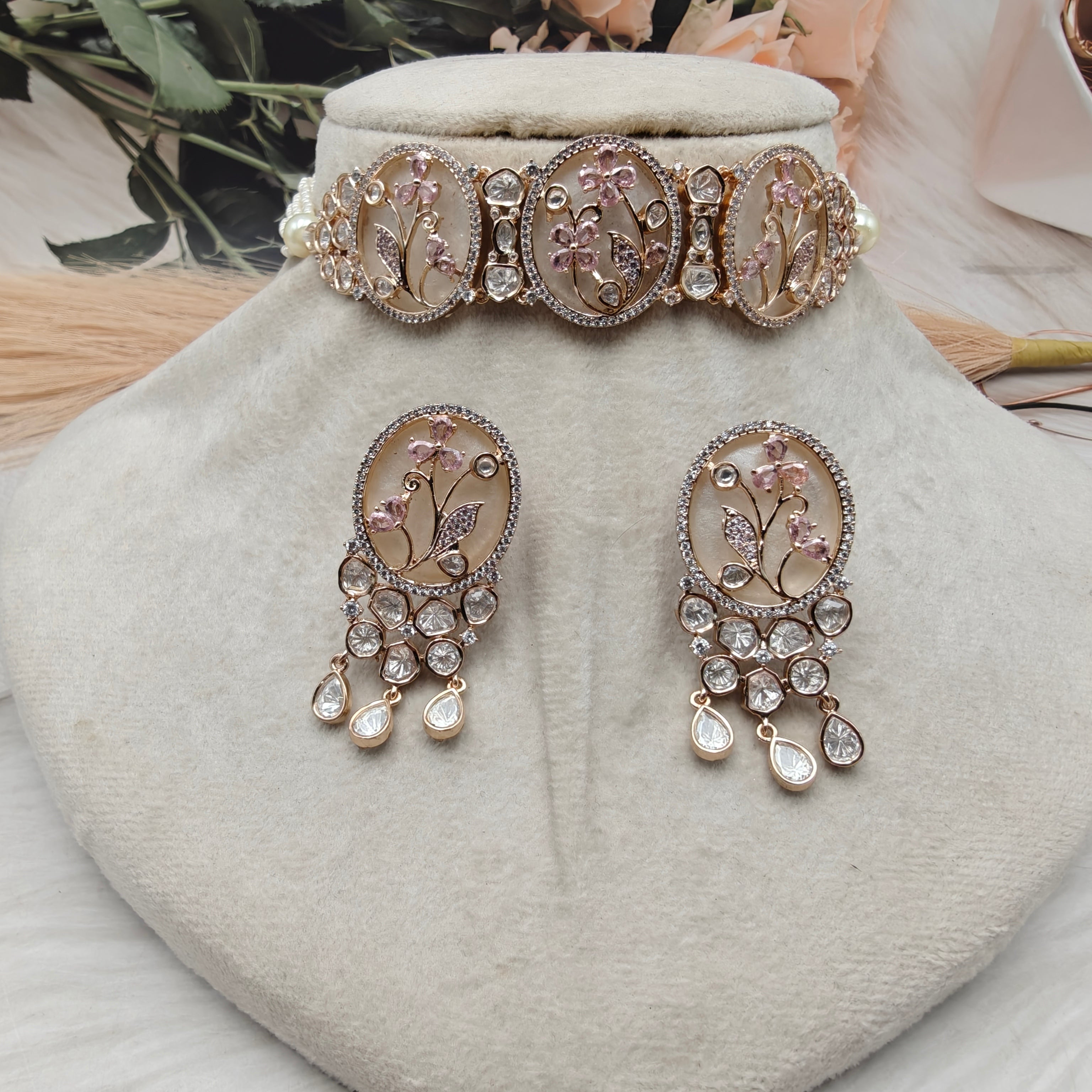 Meher Floral Mother of Pearl Choker Set- Pink