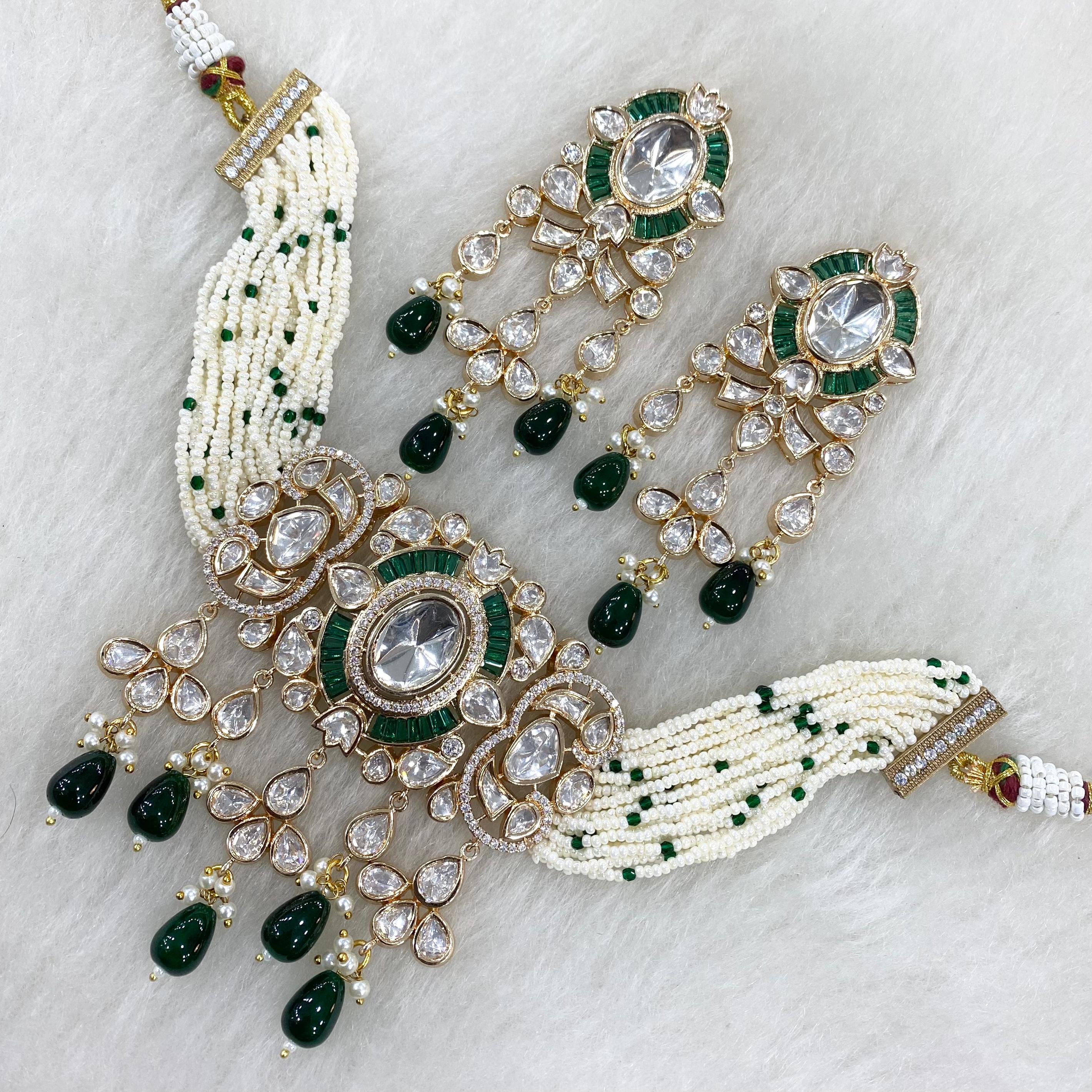 Noorani Sunheri Moissanite Kundan Choker Set- Green