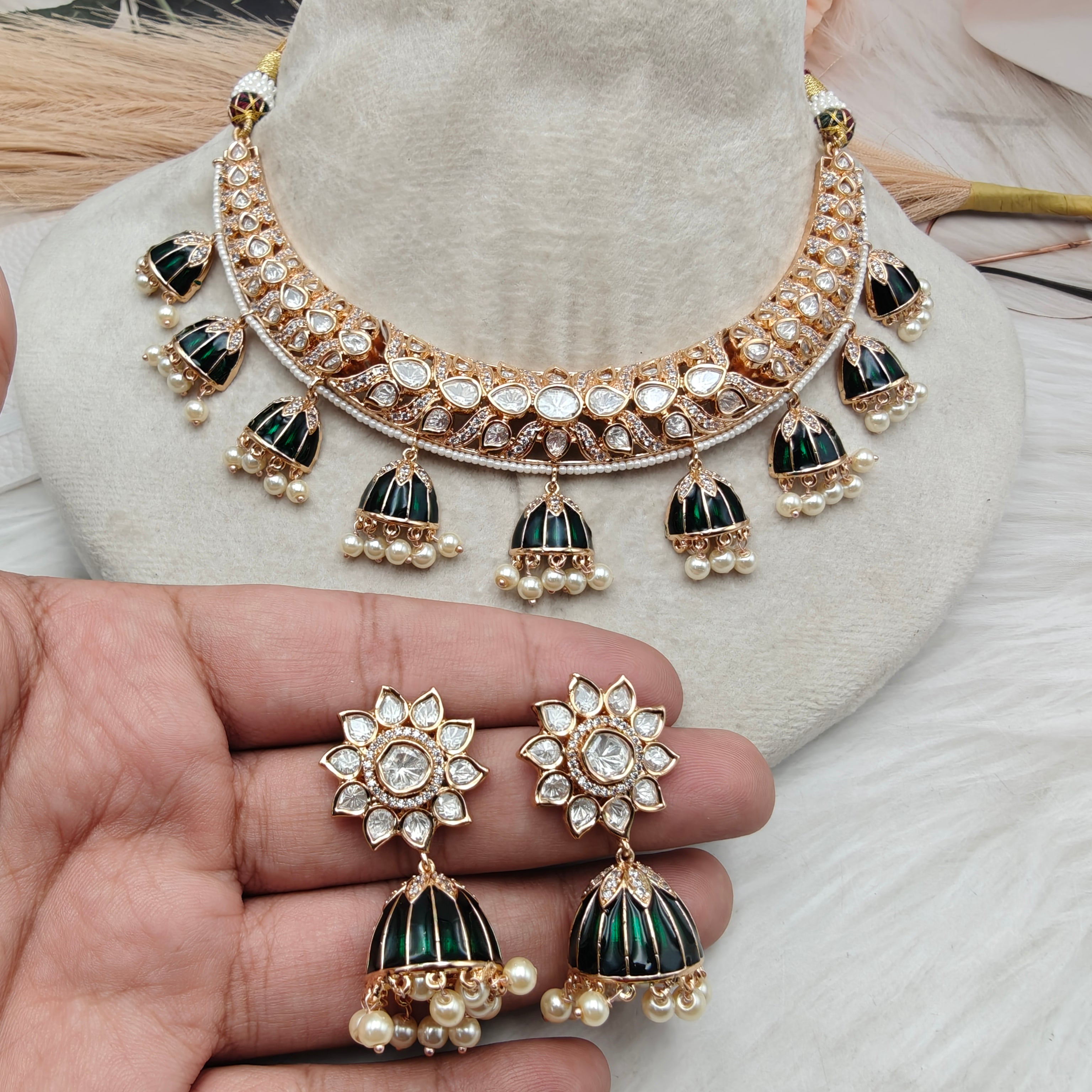 Sidhita Enamel Work Moissanite Hasli Necklace Set - Green