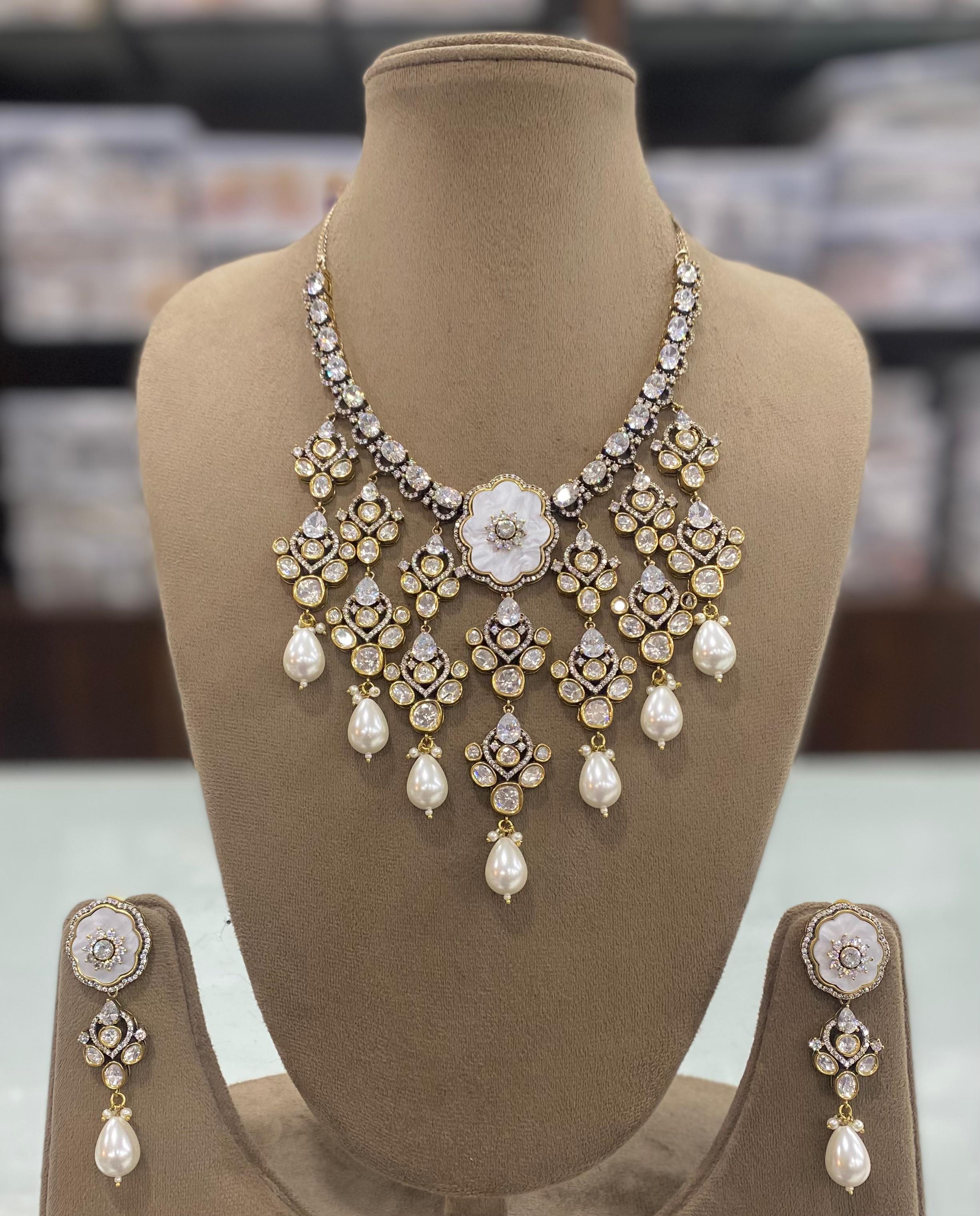 Amrita Shell Stone and Polki Necklace Set- White