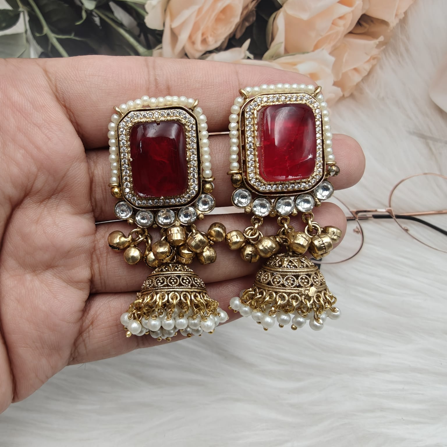 Afsana Doublet Amrapali Brass Fusion Jhumki- Red