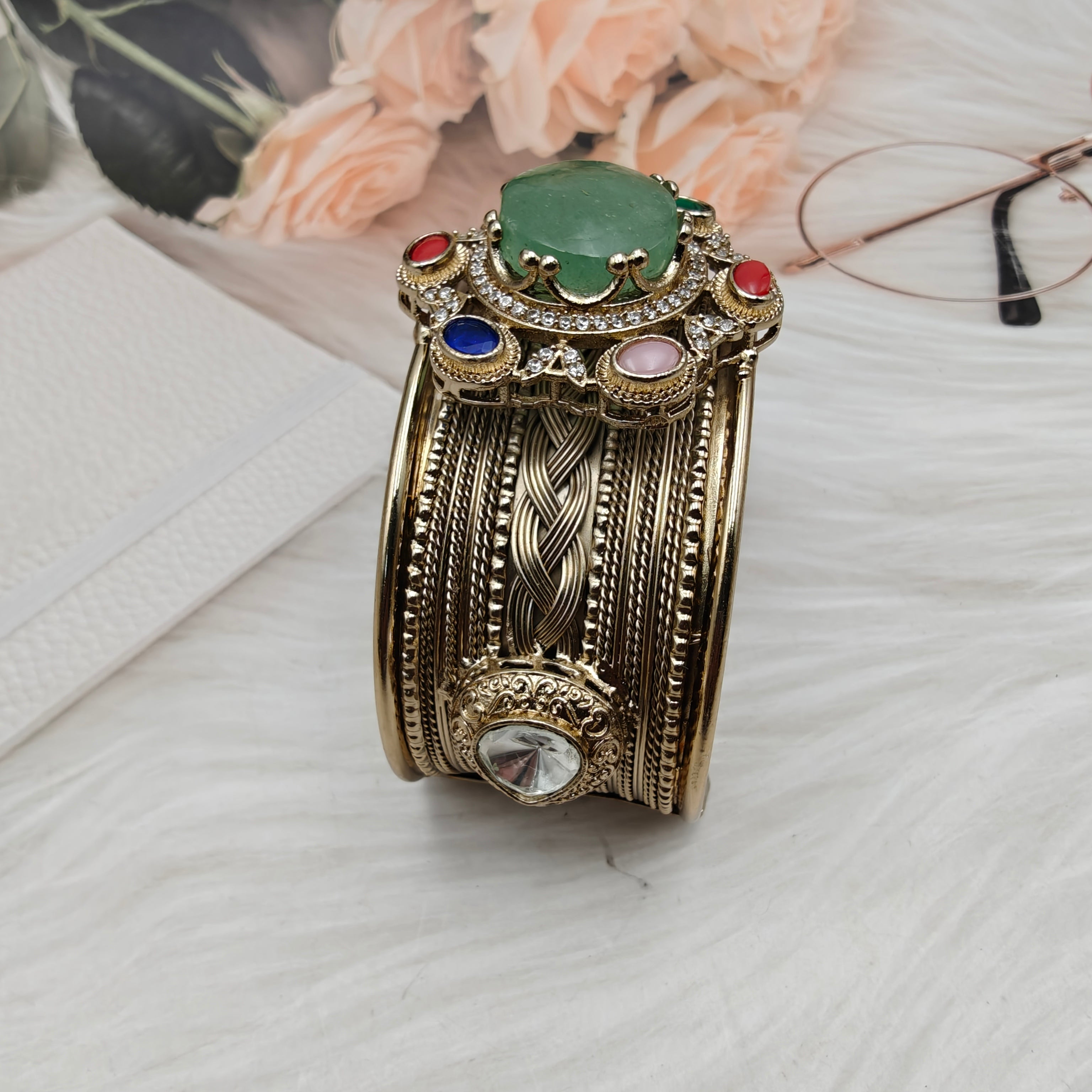 Sabya Inspired Navina Handcrafted Natural Stone Handcuff - Green Multi