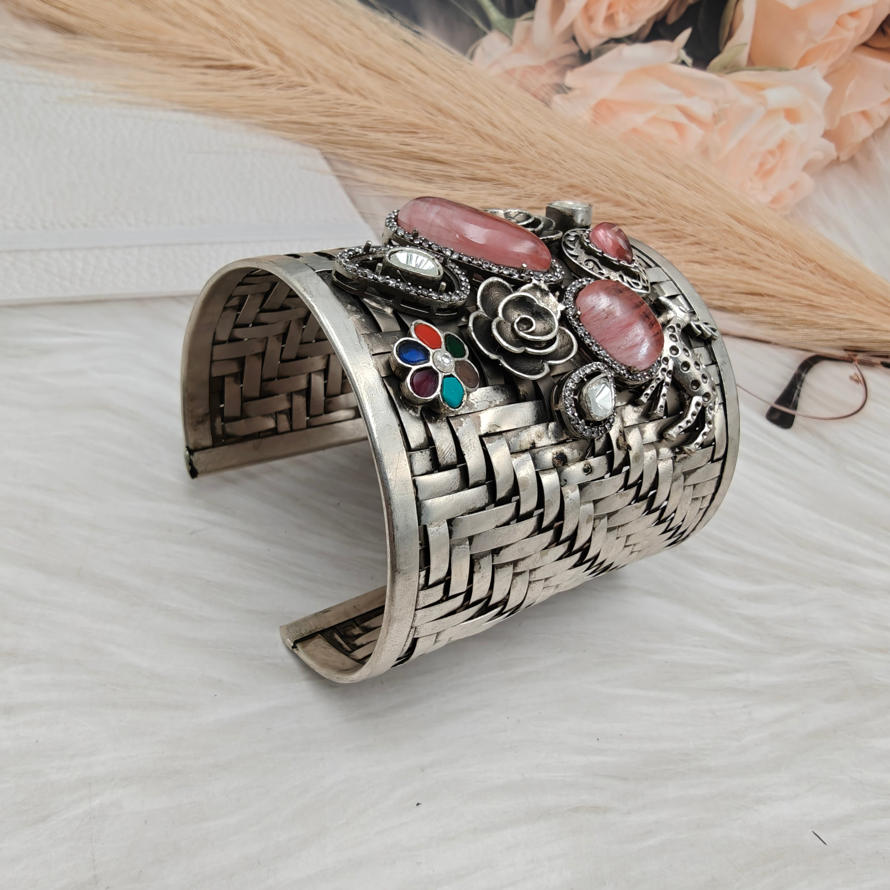 Mrig Natural Stone Handcrafted Brass Amrapali Brass Fusion Handcuff- Pink (Silver Finish)