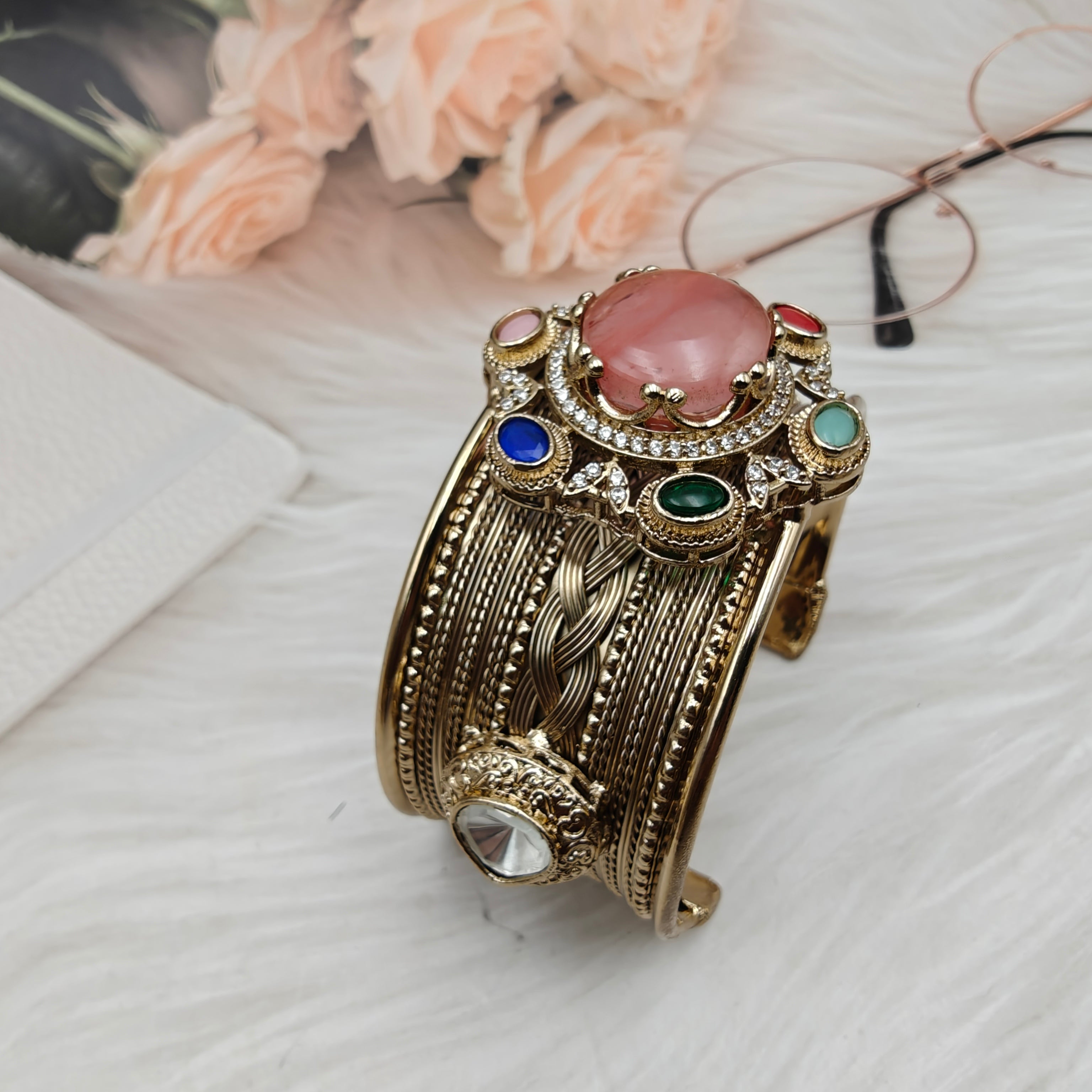 Sabya Inspired Navina Handcrafted Natural Stone Handcuff - Pink Coral