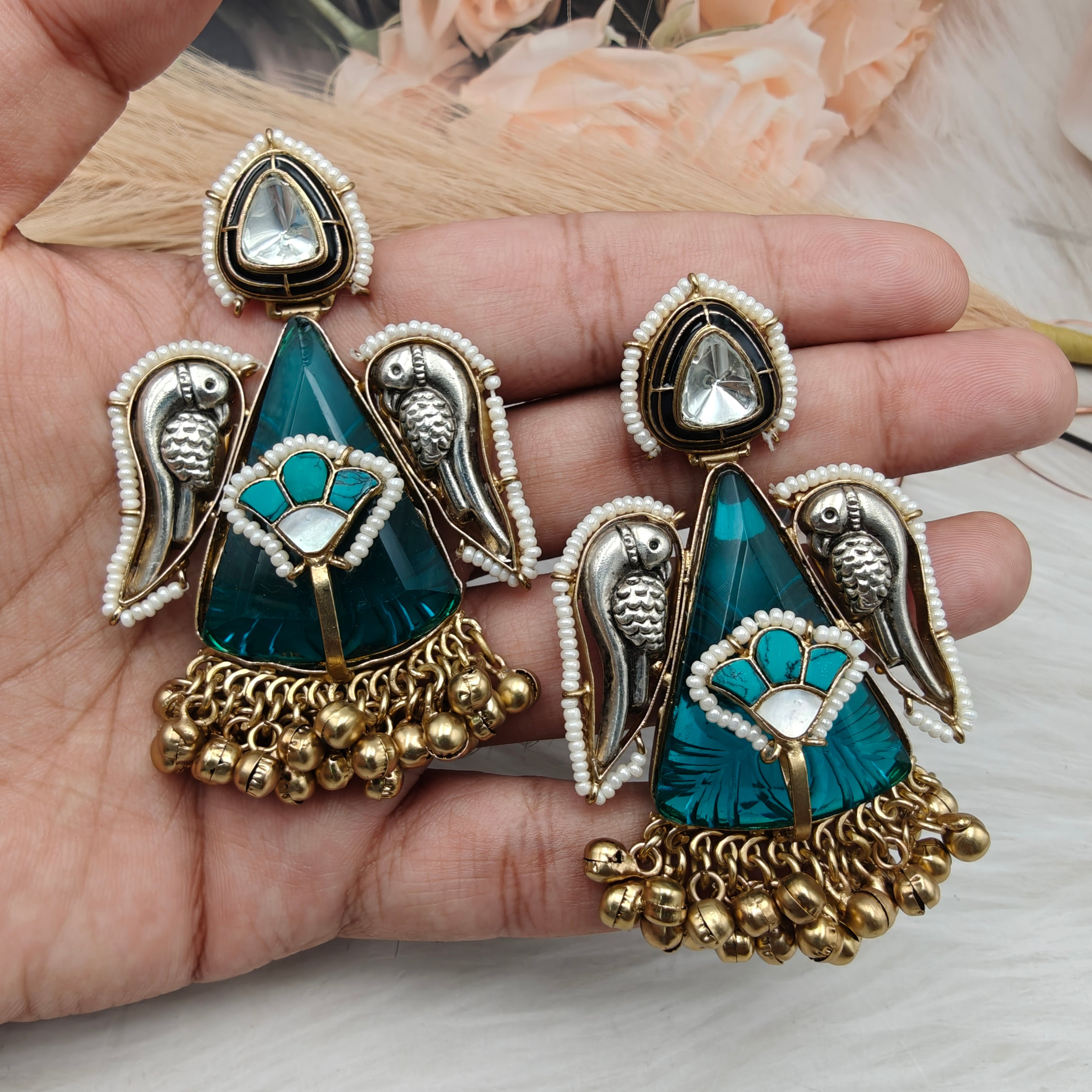 Jhanjhoor Ghungroo Brass Fusion Earrings - Teal Blue