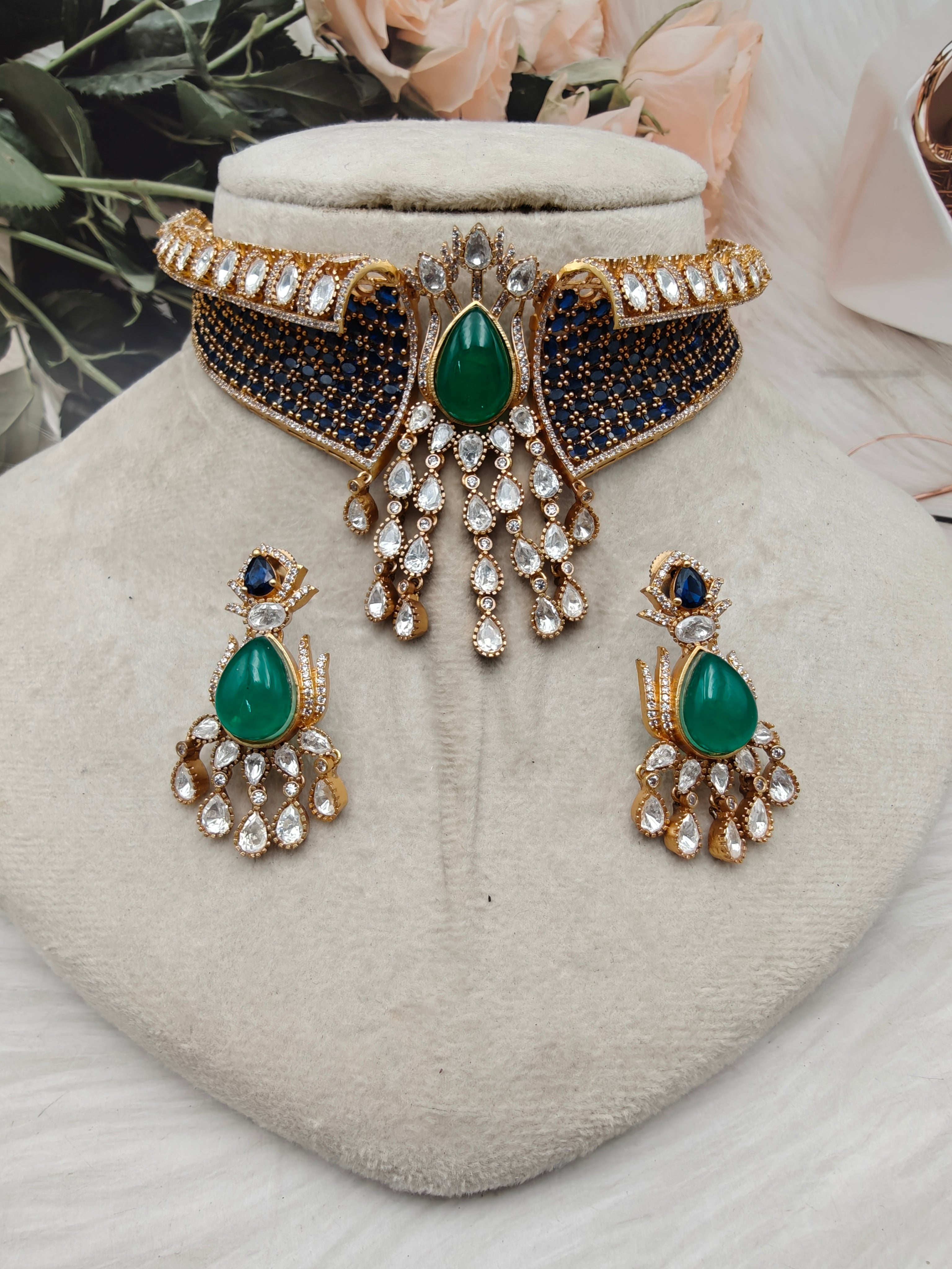 Achla Moissanite Hasli Style Necklace - Blue and Emerald