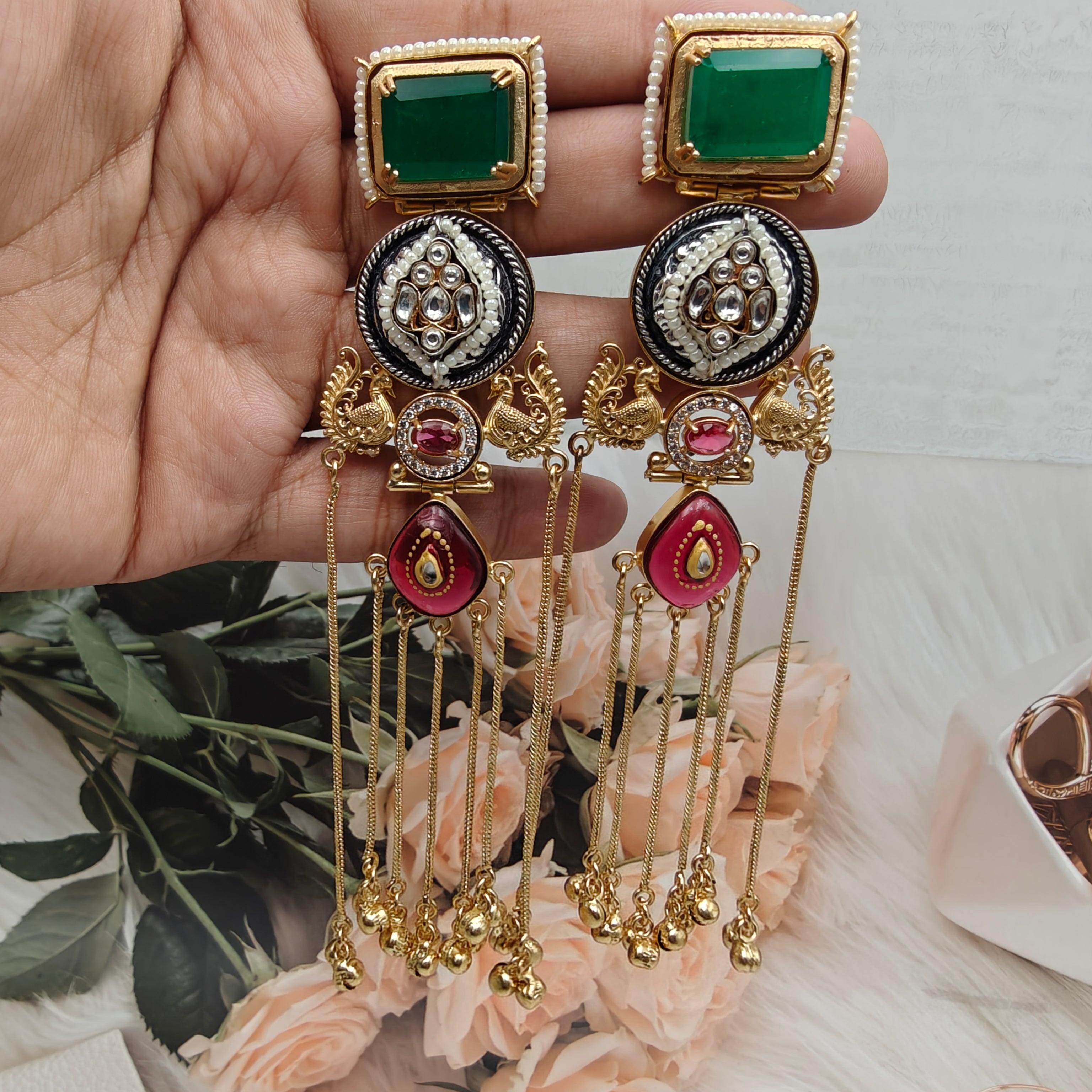 Panchali Doublet Kashmiri Brass Fusion Earrings - Green n Ruby