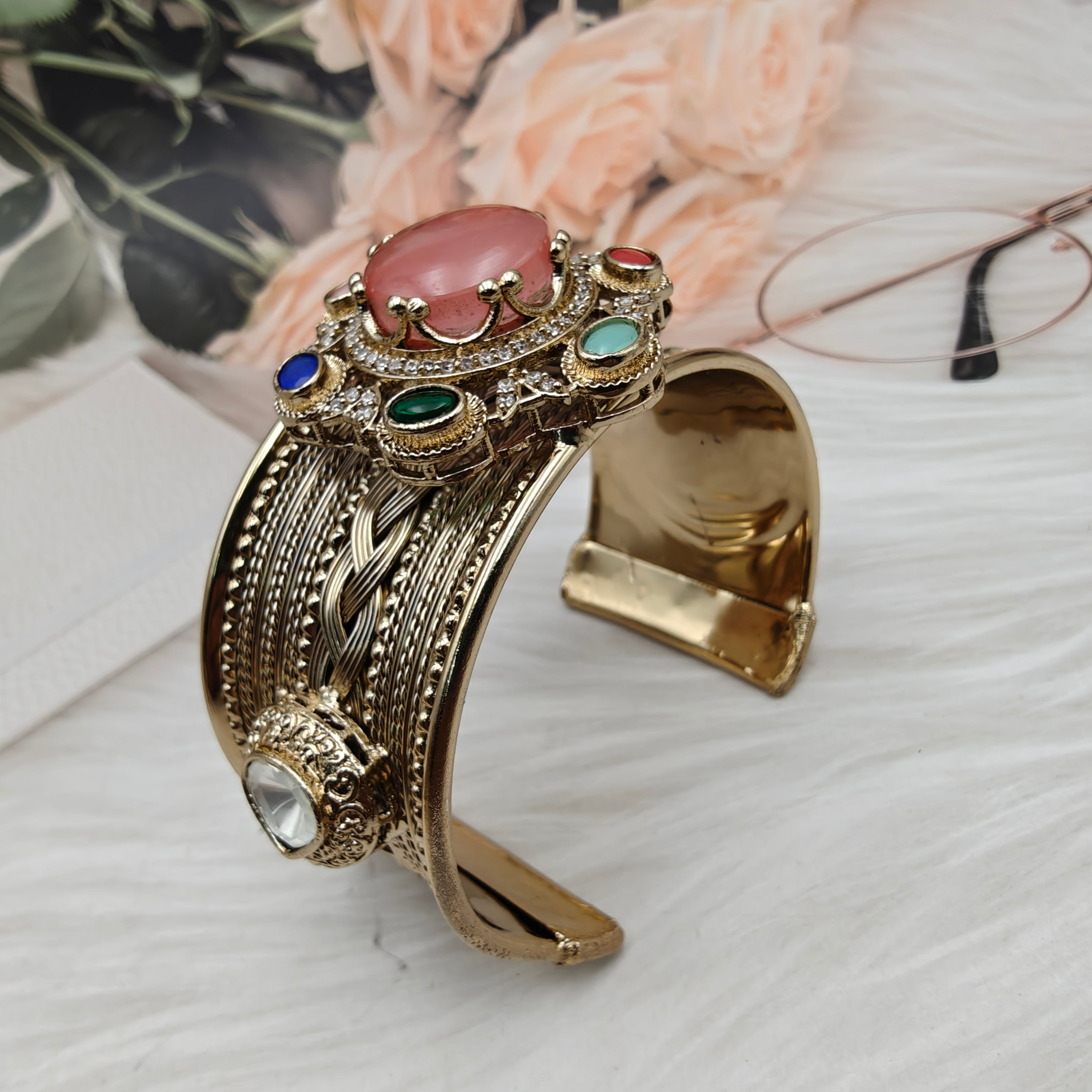 Sabya Inspired Navina Handcrafted Natural Stone Handcuff - Pink Coral
