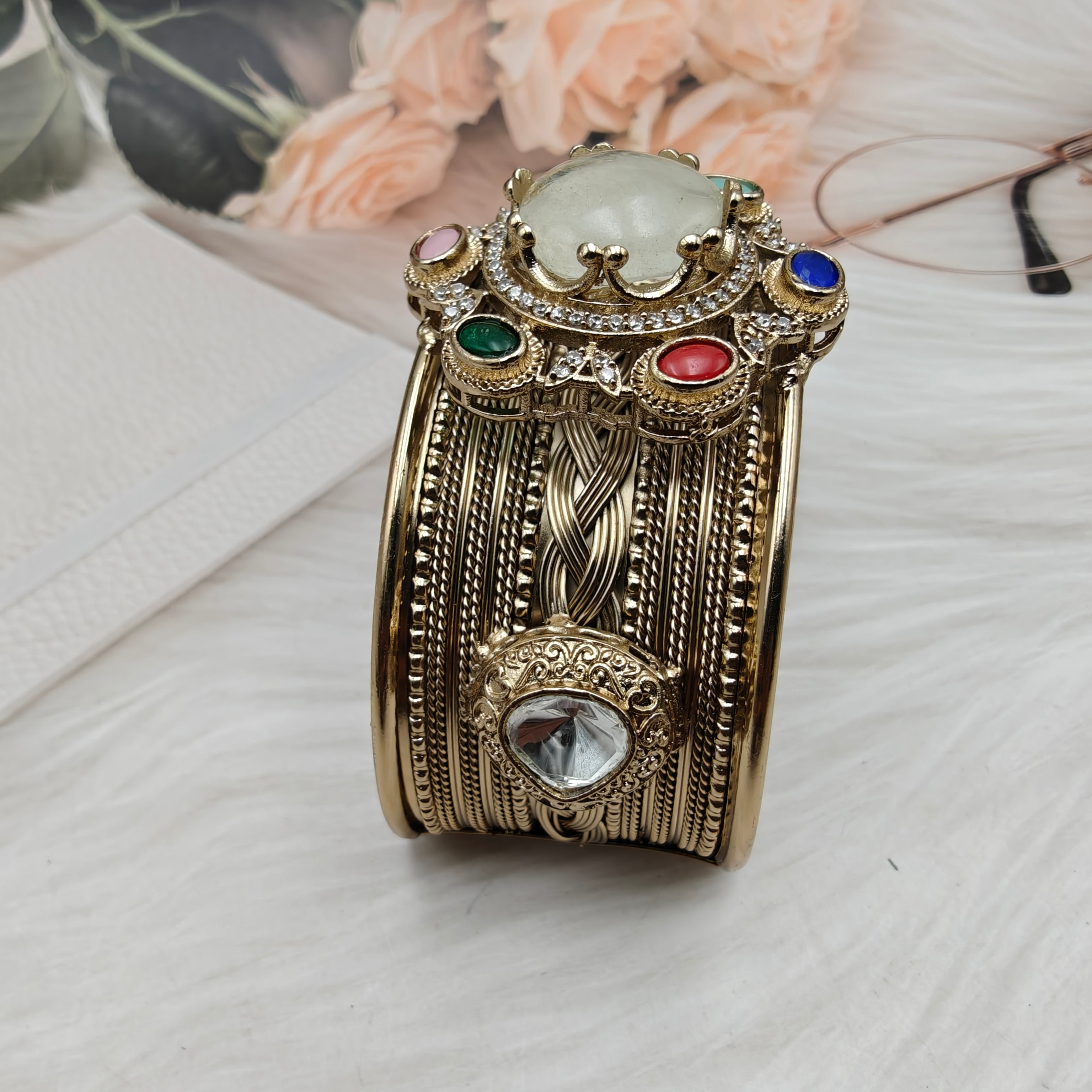 Sabya Inspired Navina Handcrafted Natural Stone Handcuff - White Multi