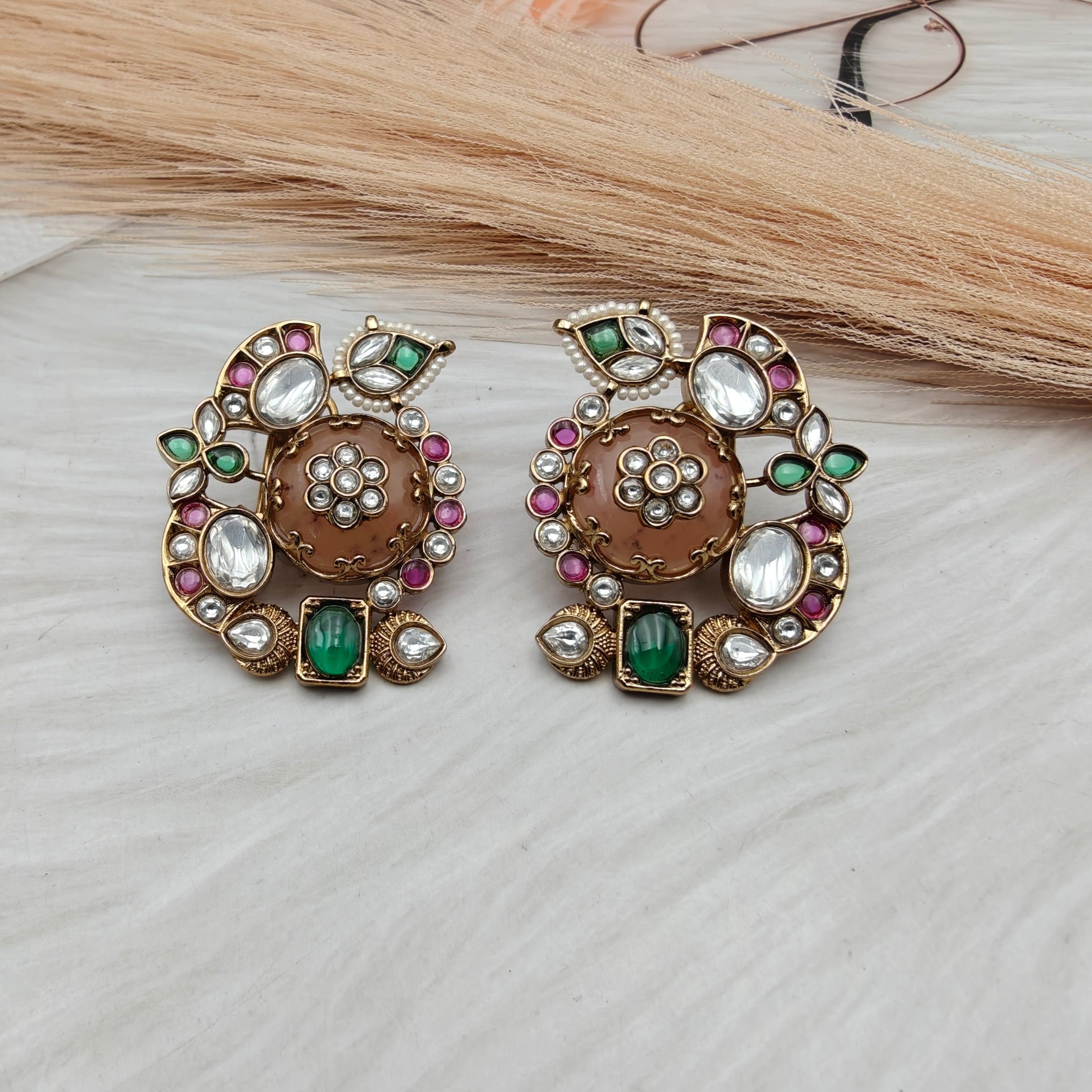 Heena Statement Jadau Kundan Studs- Peach Multi