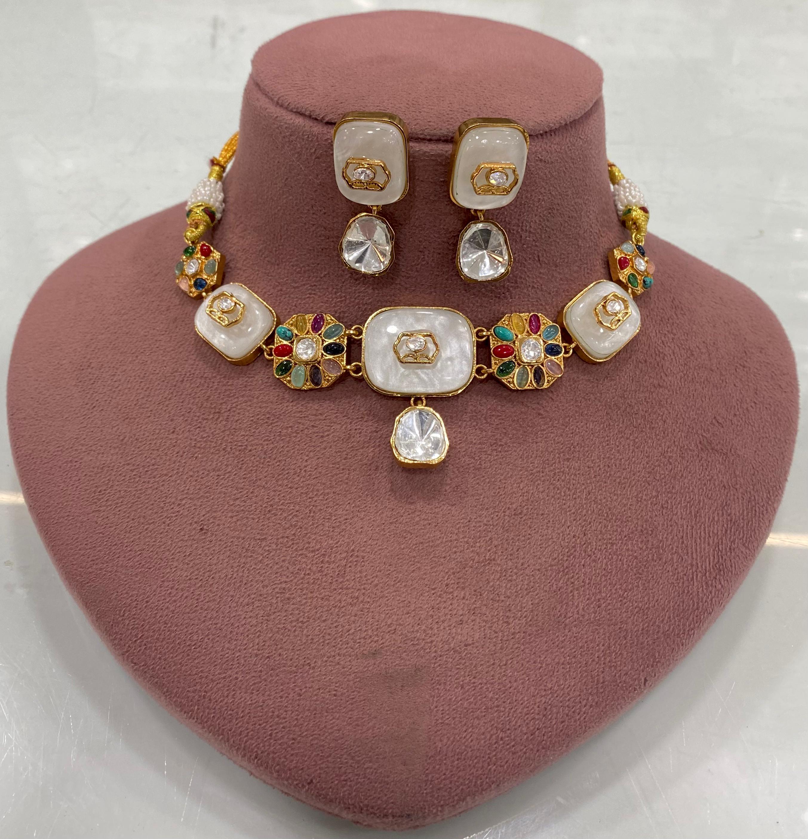 Satya Uncut Polki with Natural Stone Choker Necklace Set - White Multi