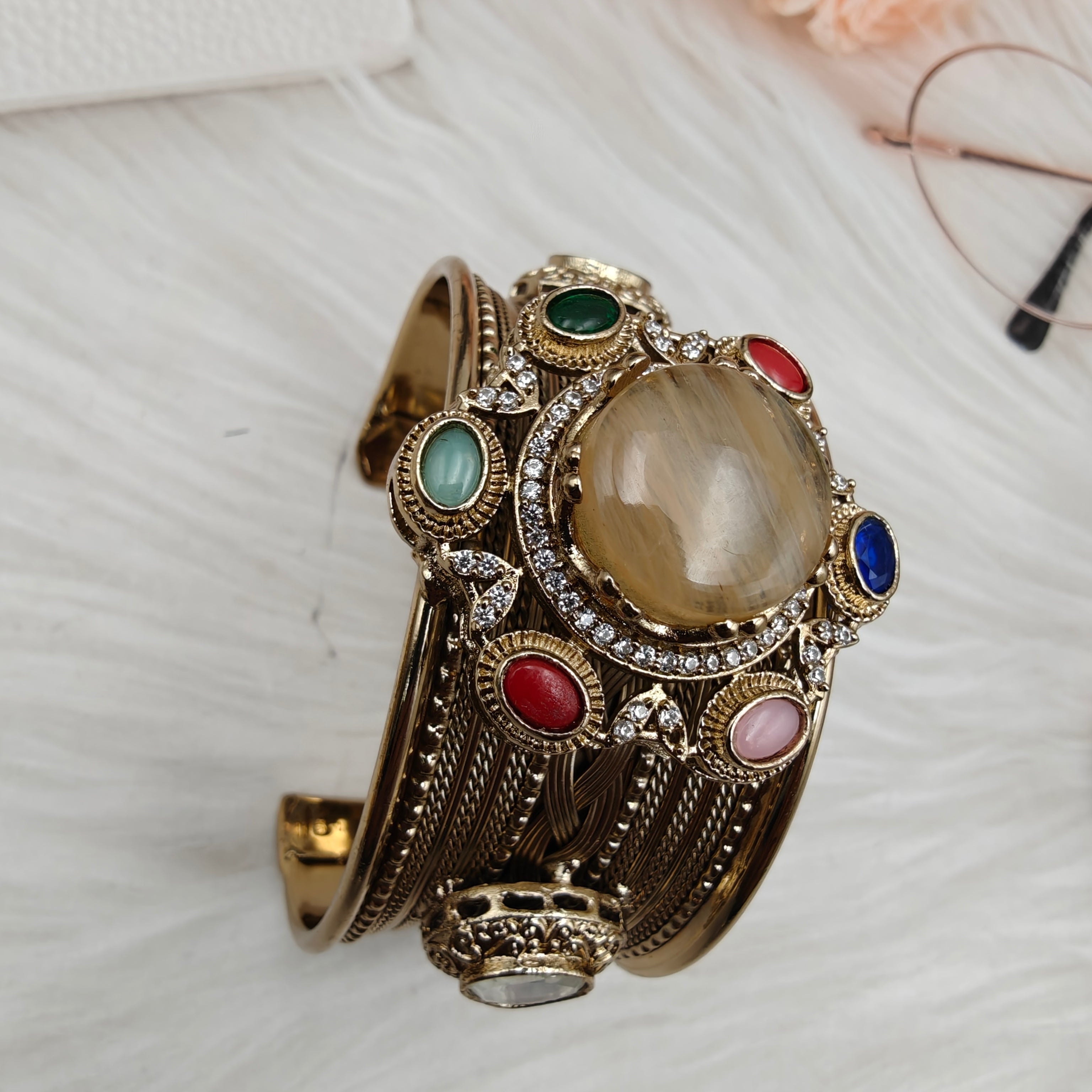 Sabya Inspired Navina Handcrafted Natural Stone Handcuff - Yellow Gold Quartz