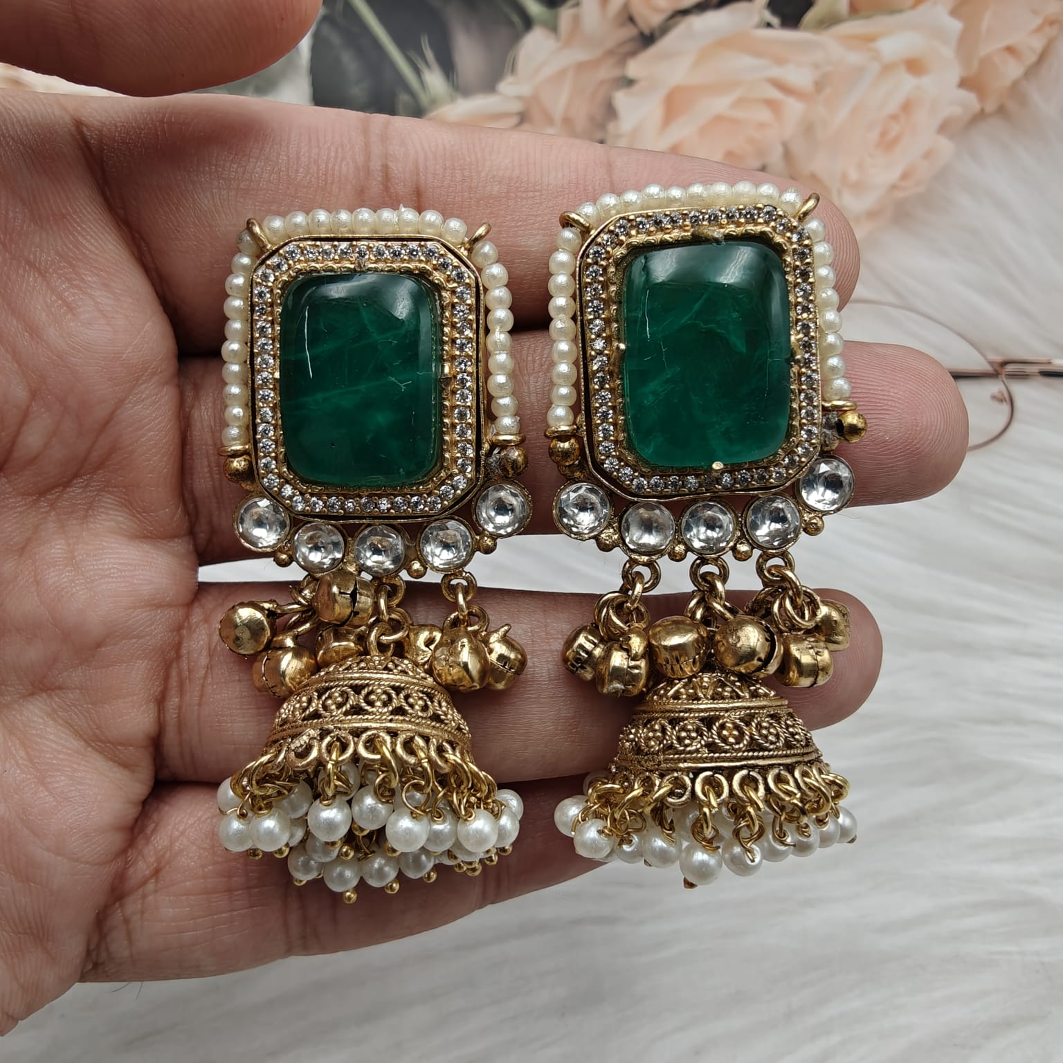 Afsana Doublet Amrapali Brass Fusion Jhumki- Emerald Green