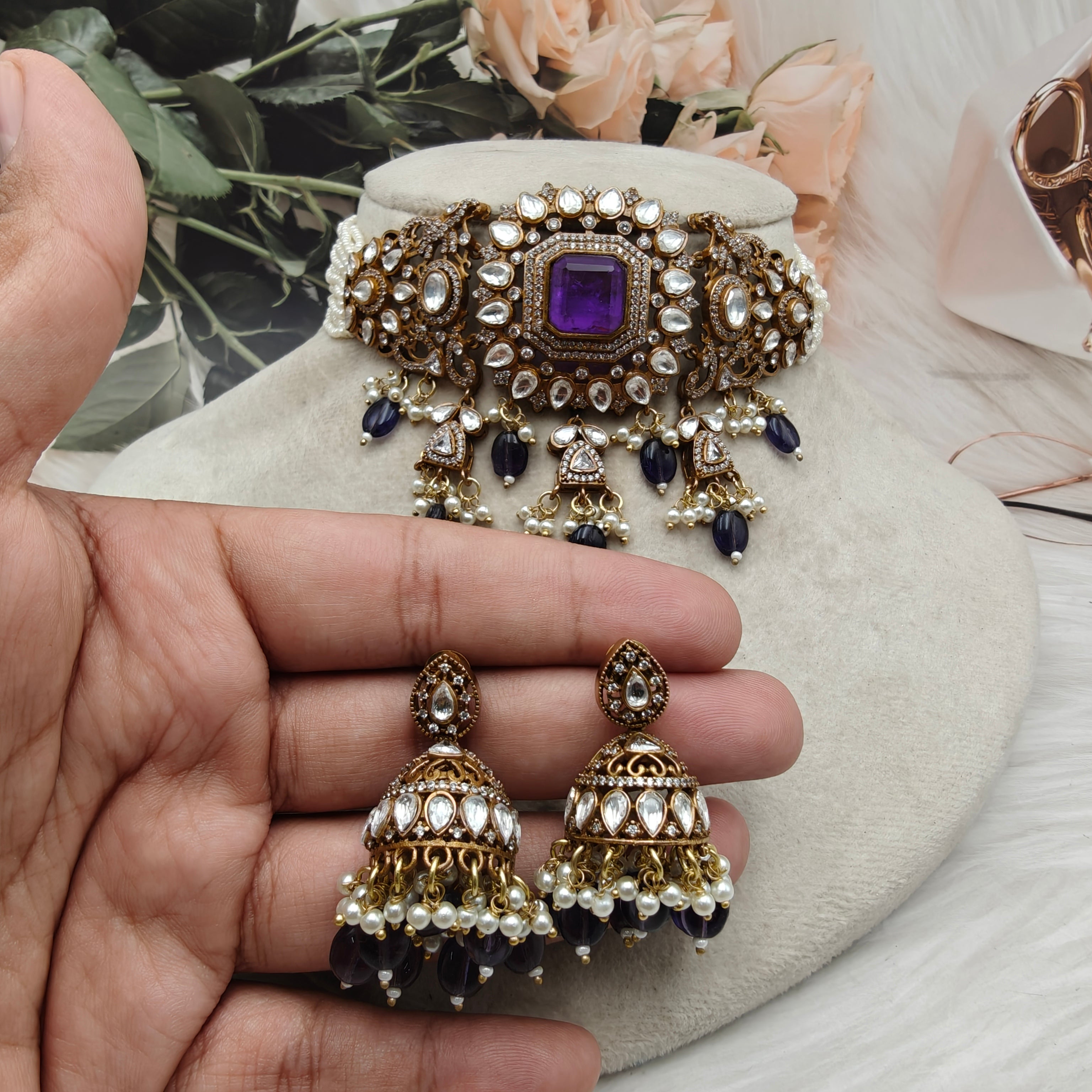Shakti Doublet Victorian Finish Uncut Moissanite Polki Choker Set- Purple