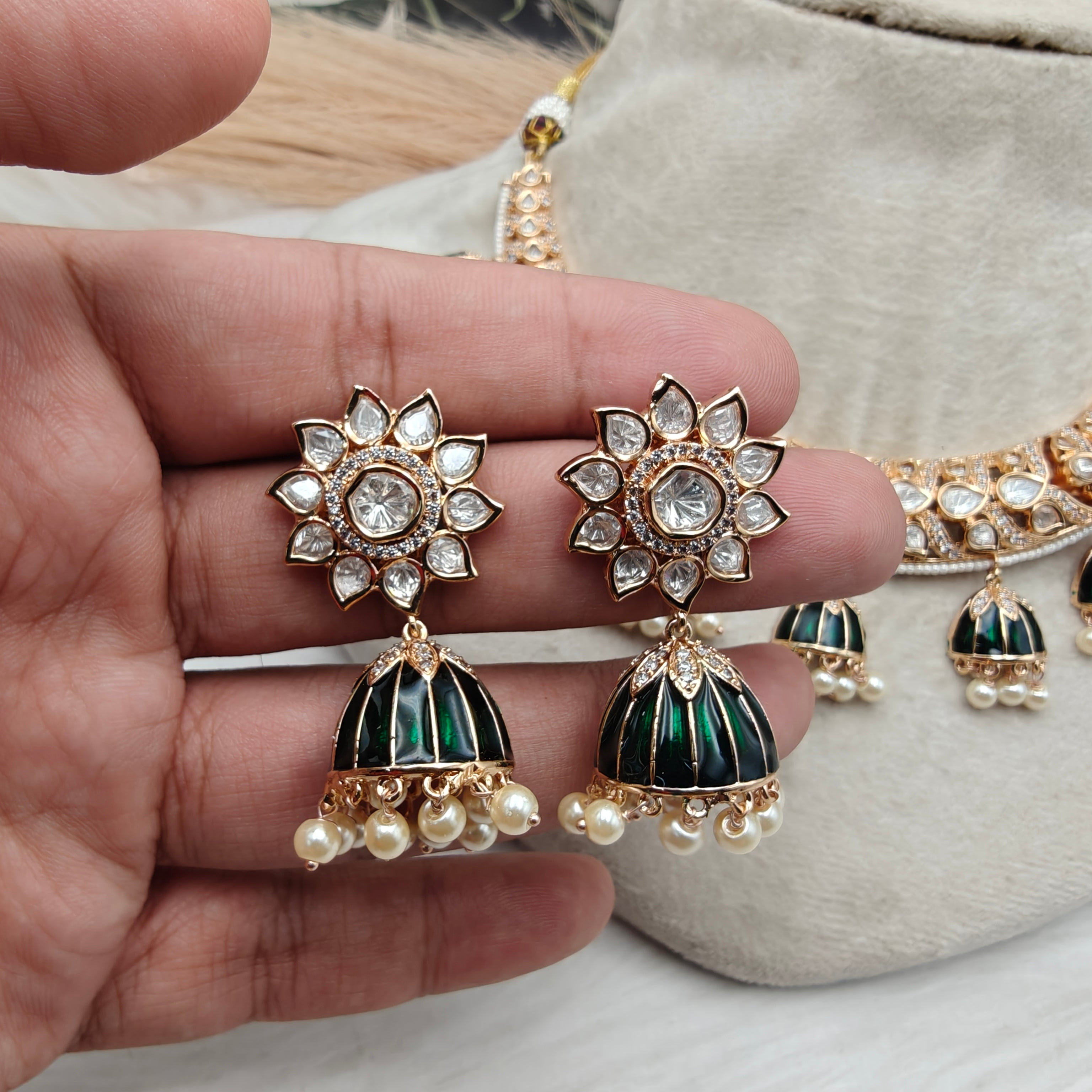 Sidhita Enamel Work Moissanite Hasli Necklace Set - Green