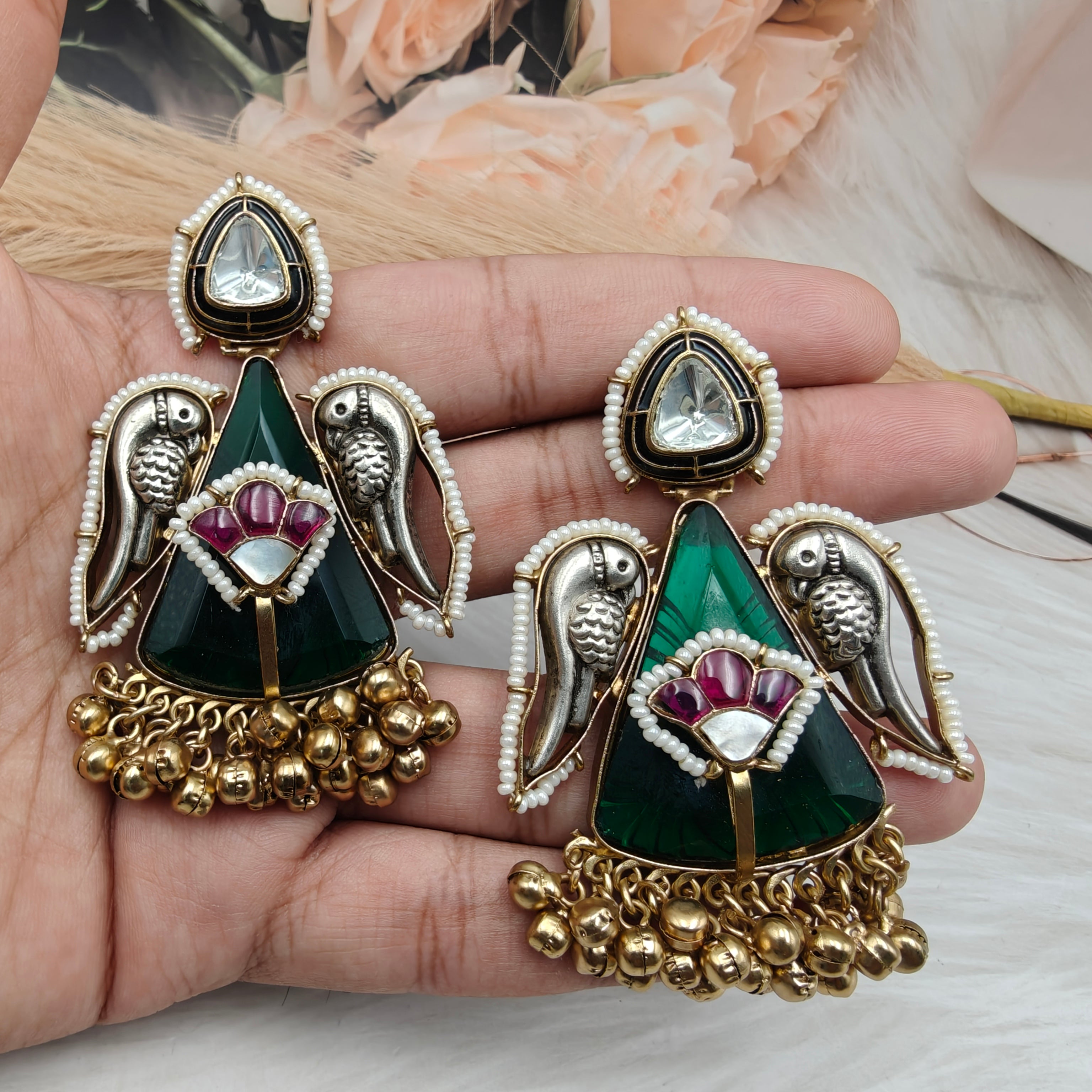 Jhanjhoor Ghungroo Brass Fusion Earrings - Green