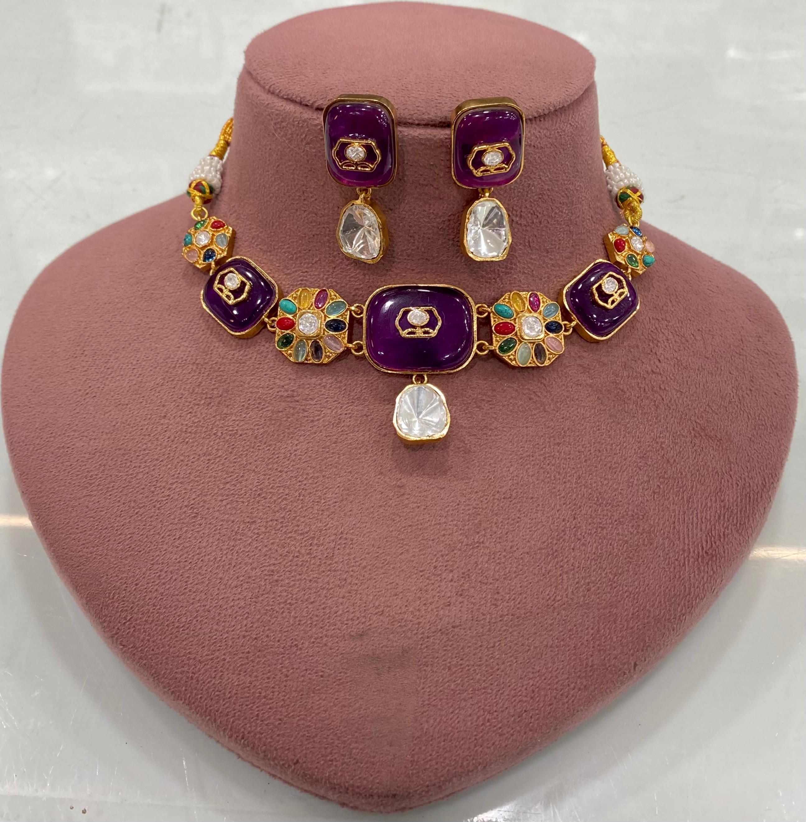 Satya Uncut Polki with Natural Stone Choker Necklace Set - Purple Multi